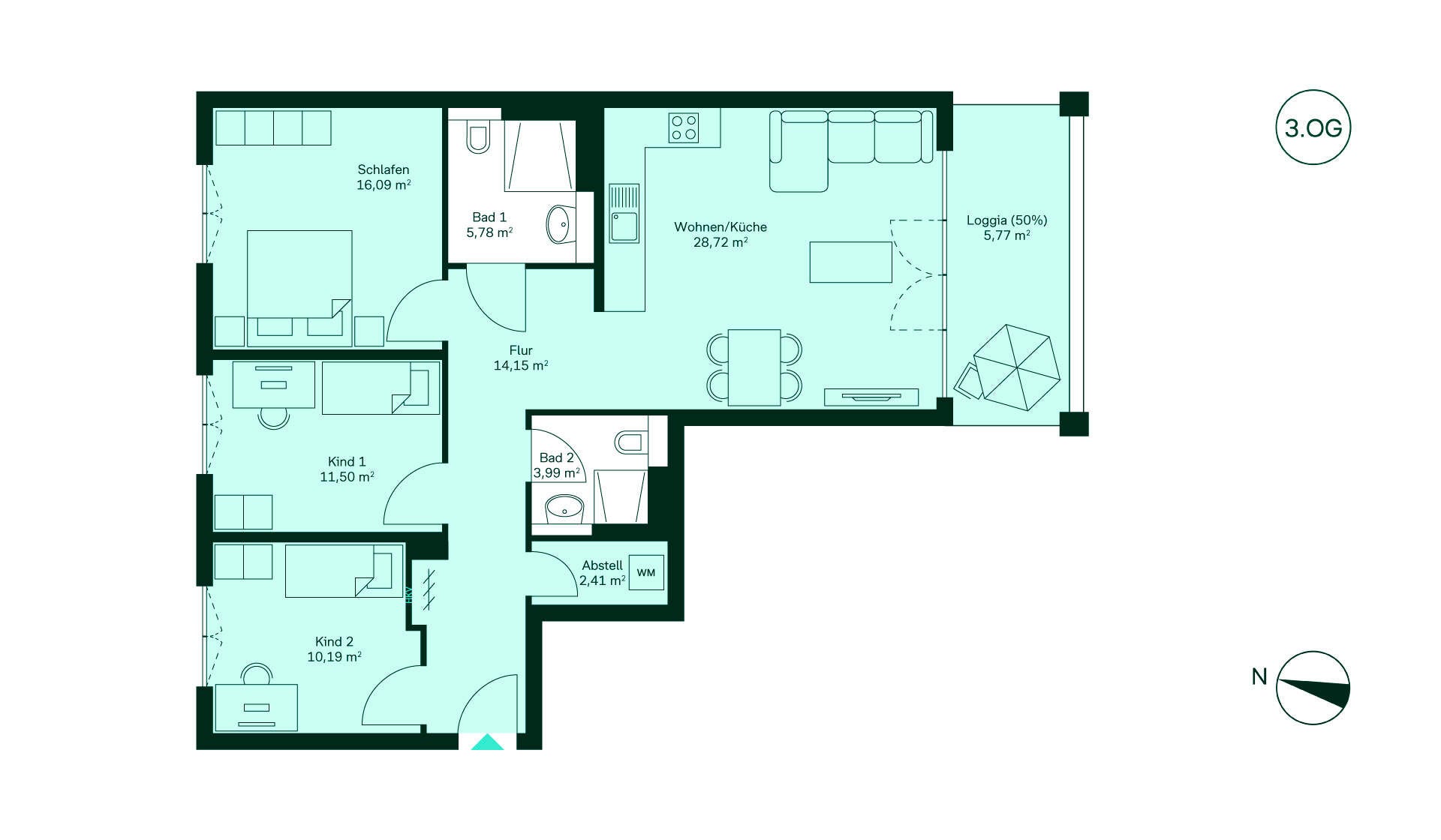 Grundriss Eigentumswohnung WE069 Willkommen in Ihrem neuen Zuhause! Ein geräumiger Flur führt Sie in die offene Wohnküche. Genießen Sie das lichtdurchflutete Wohnzimmer, perfekt für entspannte Abende. Drei gemütliche Schlafzimmer bieten Platz für die ganze Familie. Zwei moderne Badezimmer sorgen für Komfort. Die Loggia lädt zum Entspannen ein. Ideal für Ihr neues Leben!