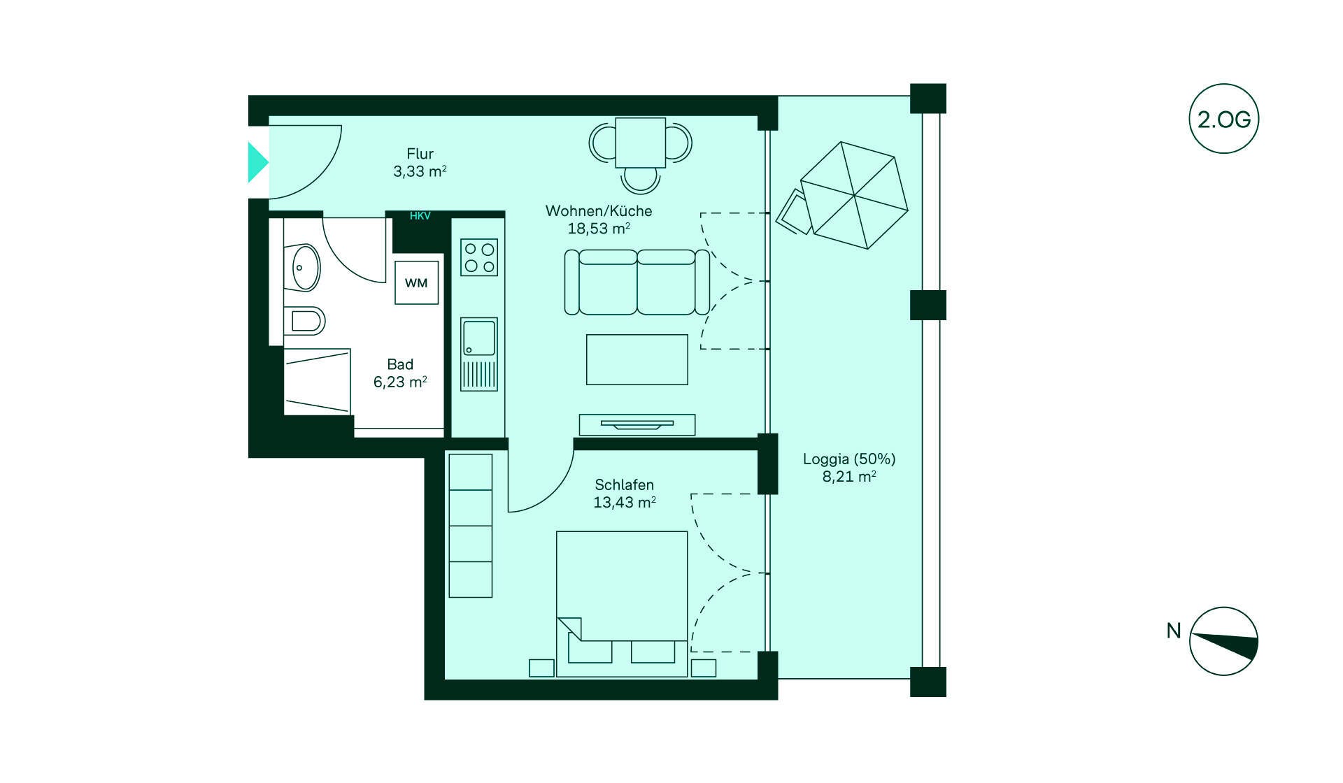 Grundriss Eigentumswohnung WE067 Gemütliche Wohnung im 2. OG: Flur, offene Küche/Wohnbereich, Schlafzimmer, Bad, Loggia. Ideal für Paare!