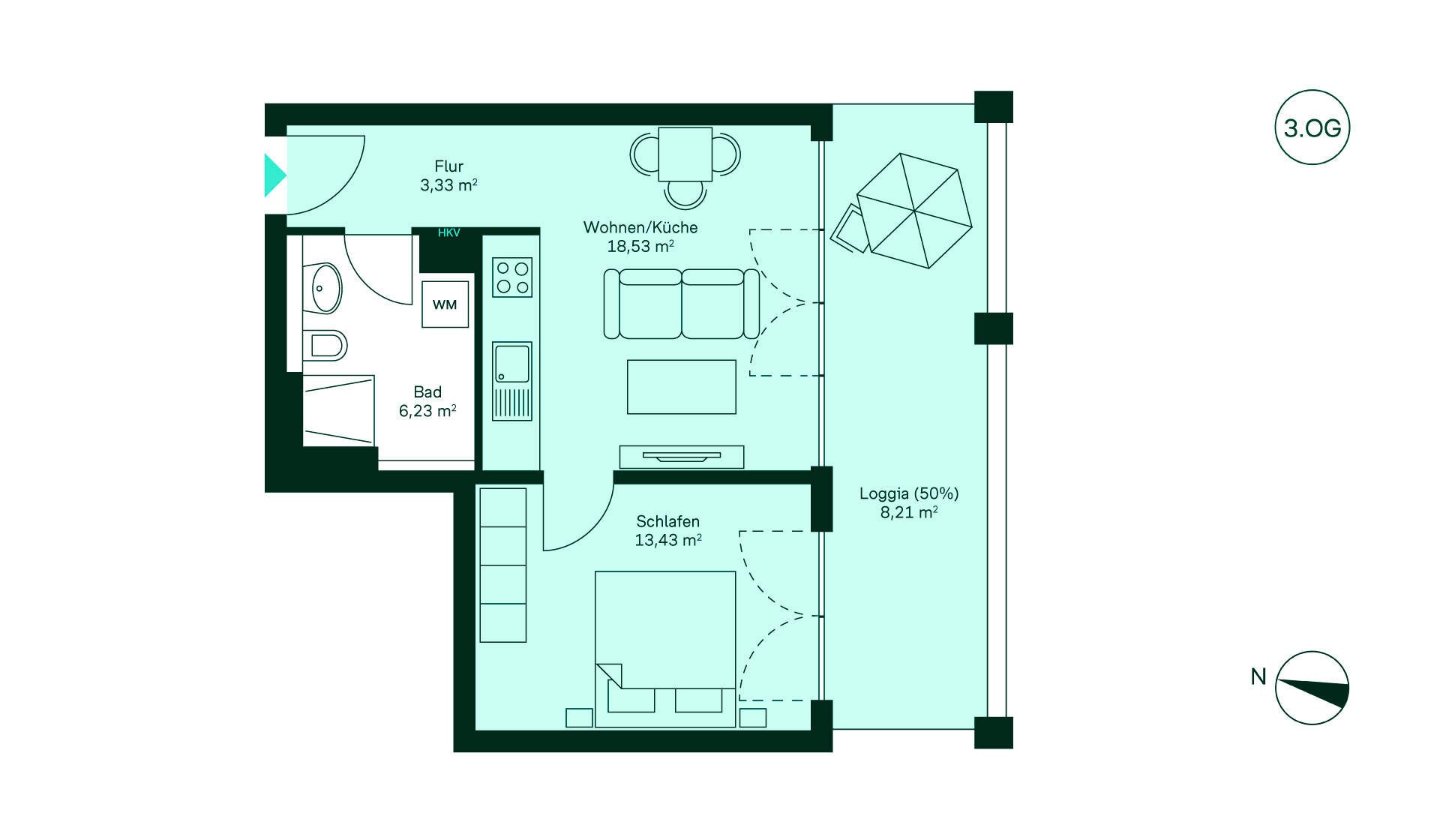 Grundriss Eigentumswohnung WE071 Gemütliche Wohnung im dritten Stock mit Flur, offenem Wohn-/Küchenbereich, Schlafzimmer und Bad. Genießen Sie die Loggia für entspannte Stunden im Freien. Perfekt für Ihr neues Zuhause!