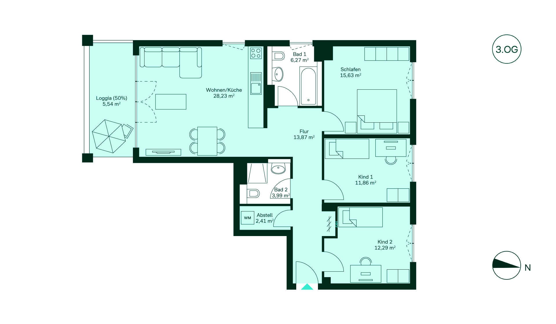 Grundriss Eigentumswohnung WE072 Entdecken Sie den großzügigen Flur, offene Wohnküche, 3 Schlafzimmer, 2 Bäder und die Loggia!