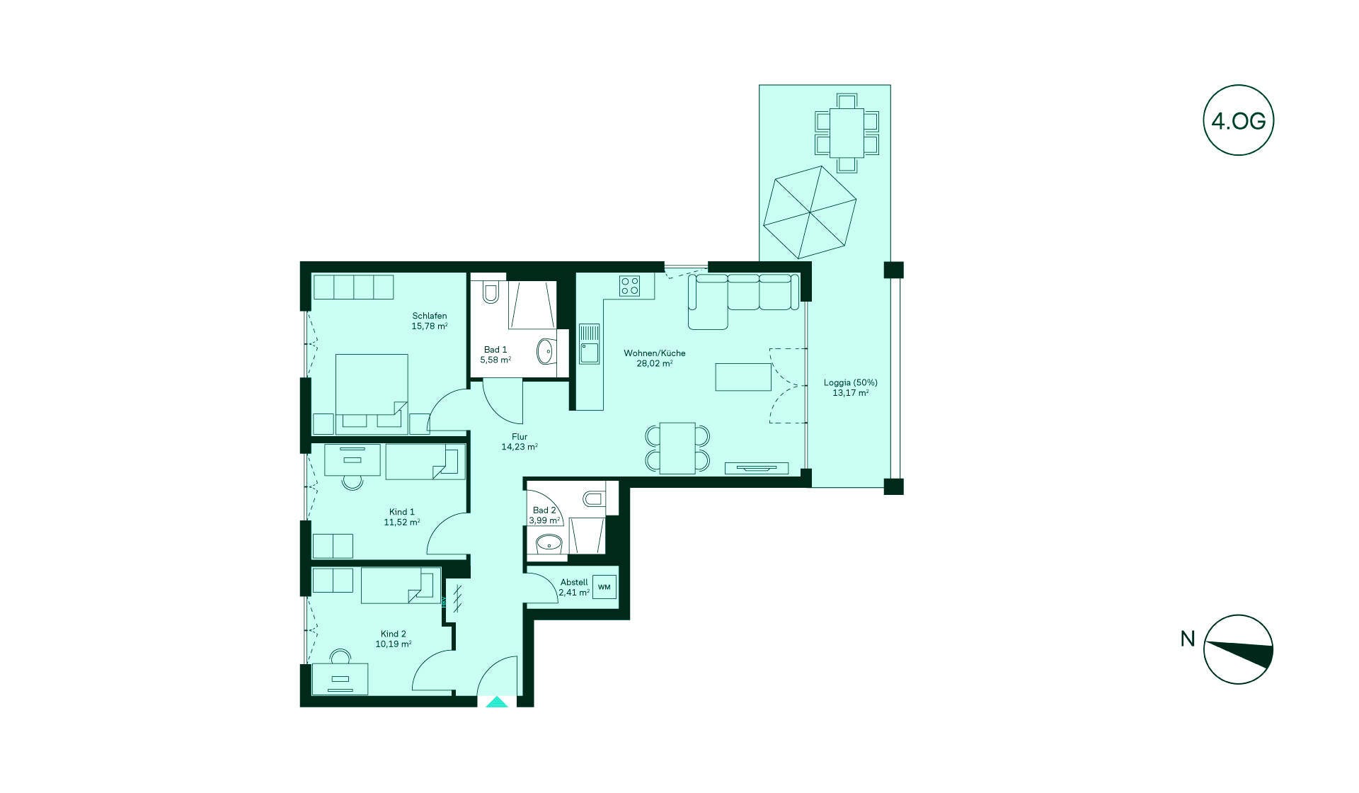 Entdecken Sie den Grundriss: Flur führt zur offenen Küche/Wohnzimmer, 3 Schlafzimmer, 2 Bäder, Loggia.