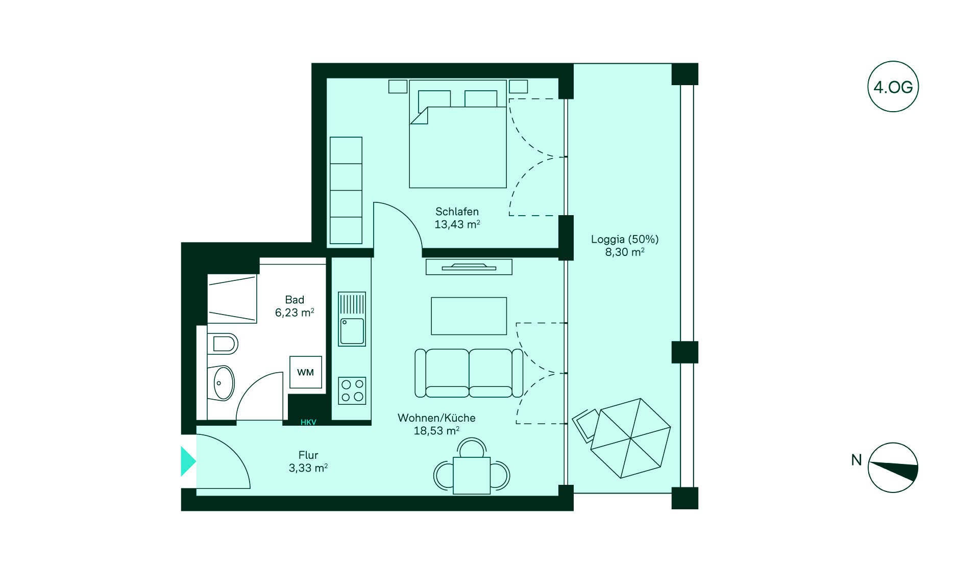 Kompakte Wohnung im 4. OG: Flur, Bad, offene Küche/Wohnbereich, Schlafzimmer, Loggia. Ideal geschnitten!
