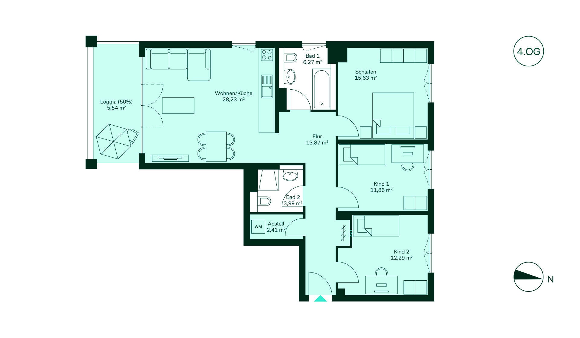 Ein moderner Grundriss: Flur führt zu offener Wohnküche. Drei Schlafzimmer, zwei Bäder und eine Loggia.