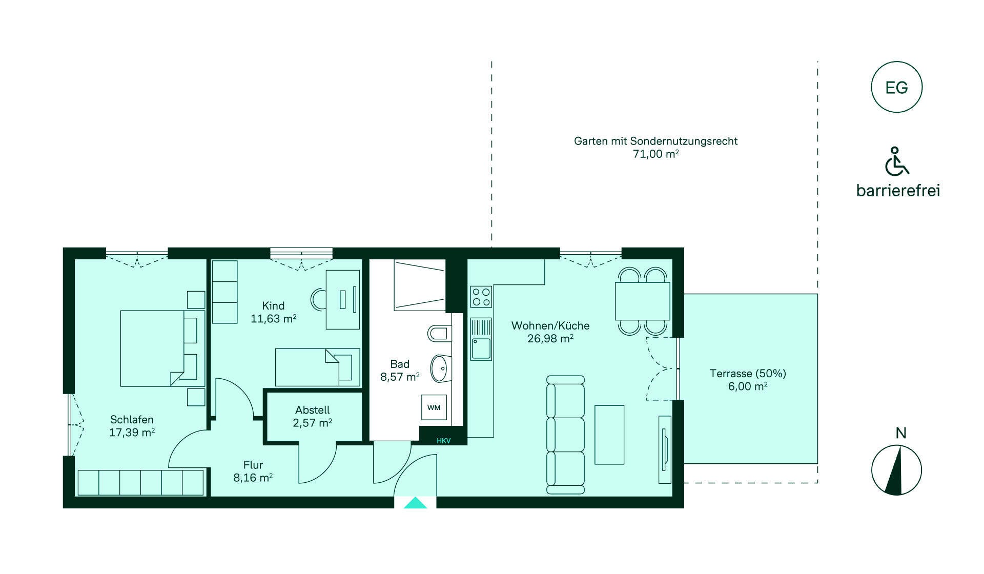 Grundriss einer barrierefreien Wohnung: Flur, offene Küche und Wohnbereich, zwei Schlafzimmer, Bad, Terrasse und Garten. Ideal für Familien!