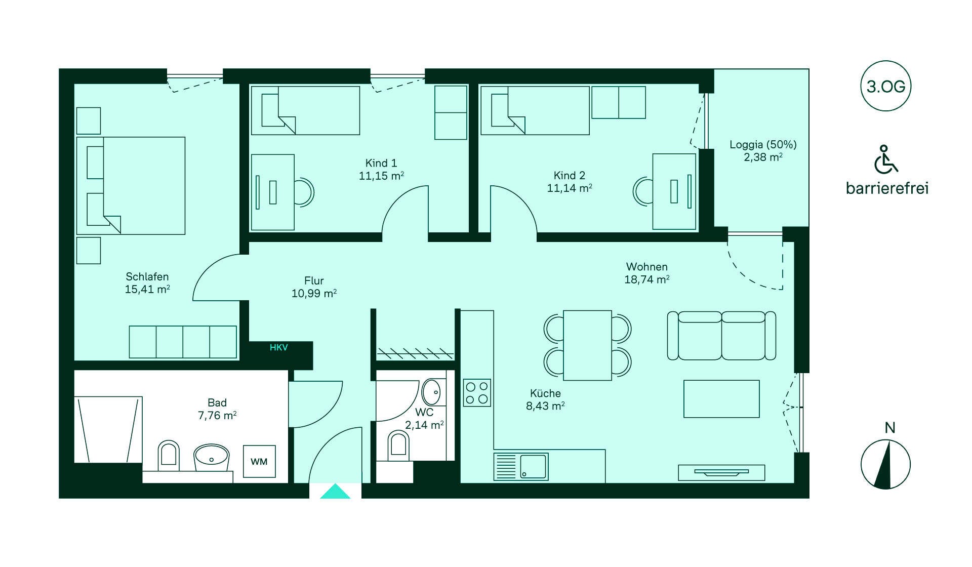 Entdecken Sie Ihr neues Zuhause! Einladender Flur, offene Küche, gemütliches Wohnzimmer. Drei Schlafzimmer, modernes Bad und WC. Genießen Sie entspannte Momente auf der Loggia. Barrierefrei für maximalen Komfort.