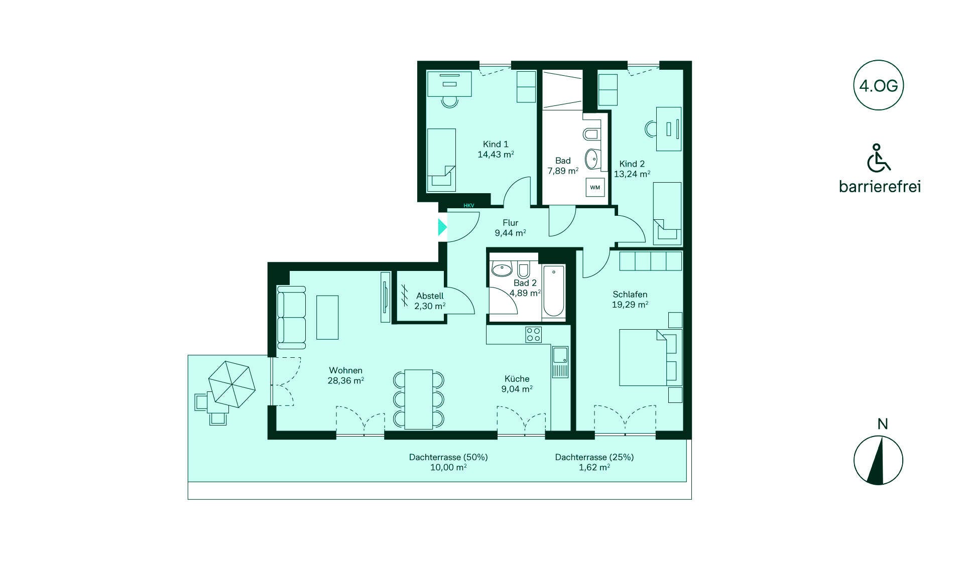 Barrierefreie Wohnung im 4. OG: Flur, Küche, Wohnbereich, 3 Schlafzimmer, 2 Bäder, Dachterrasse.
