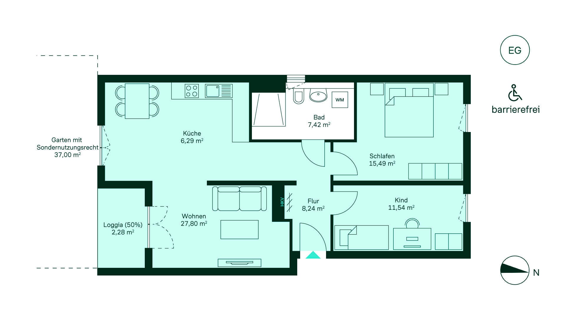 Grundriss der Eigentumswohnung WE153. Entdecken Sie unser barrierefreies Zuhause: Flur, Küche, Wohnzimmer, Schlafzimmer, Bad und Garten. Perfekt für Familien!