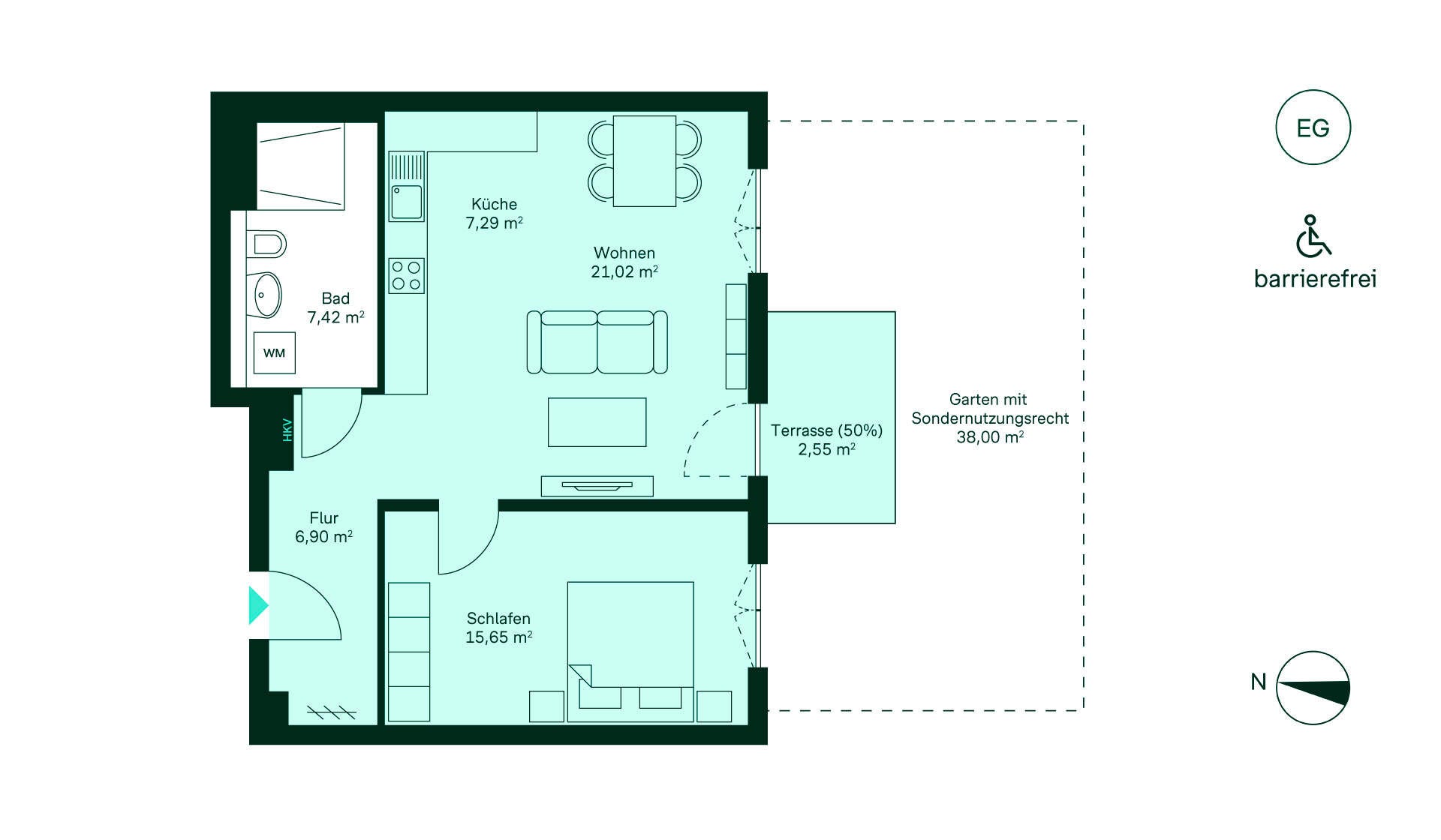 Einladende Erdgeschosswohnung: Flur, offene Küche, Wohnzimmer, Schlafzimmer, Bad, Terrasse, Garten. Barrierefrei für mehr Komfort!