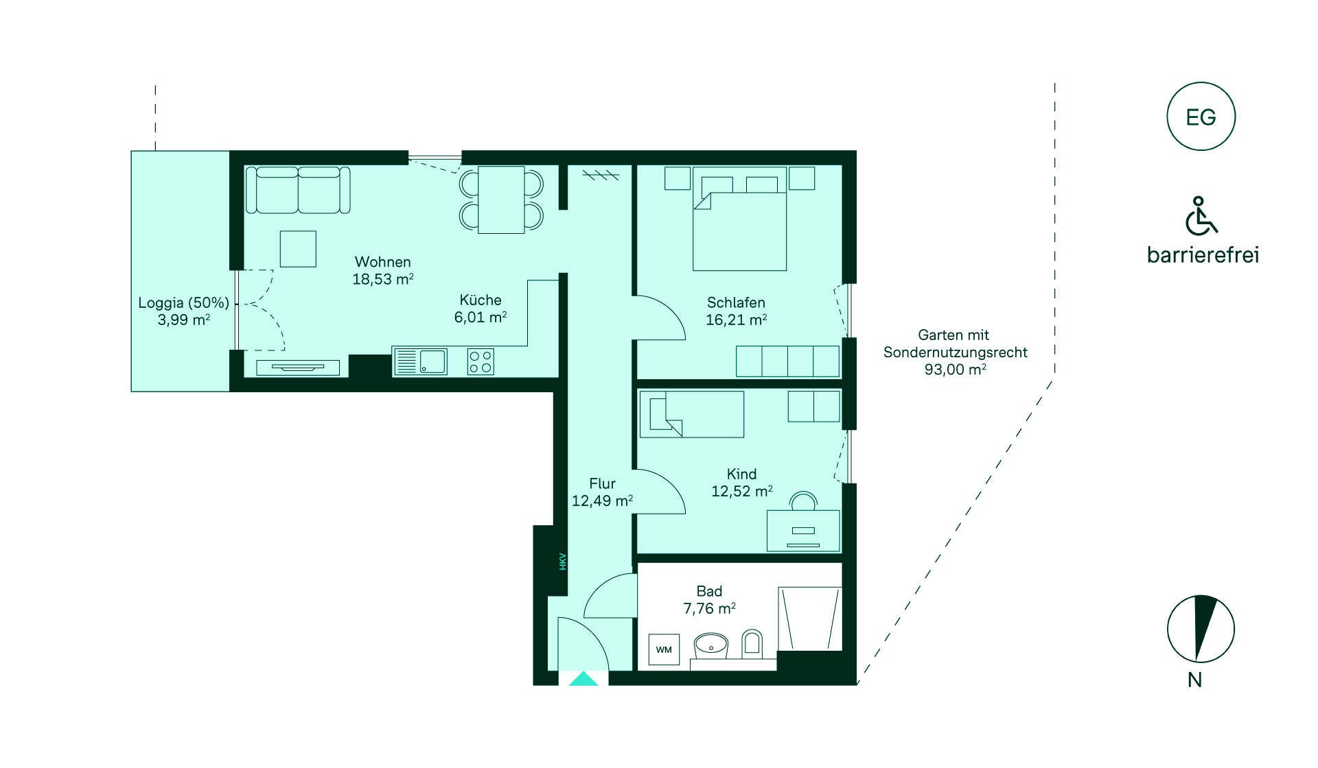 Grundriss der Eigentumswohnung WE160. Barrierefreie Wohnung mit geräumigem Flur, moderner Küche, gemütlichem Wohnzimmer, zwei Schlafzimmern, Bad, Loggia und großem Garten. Ideal für Familien!