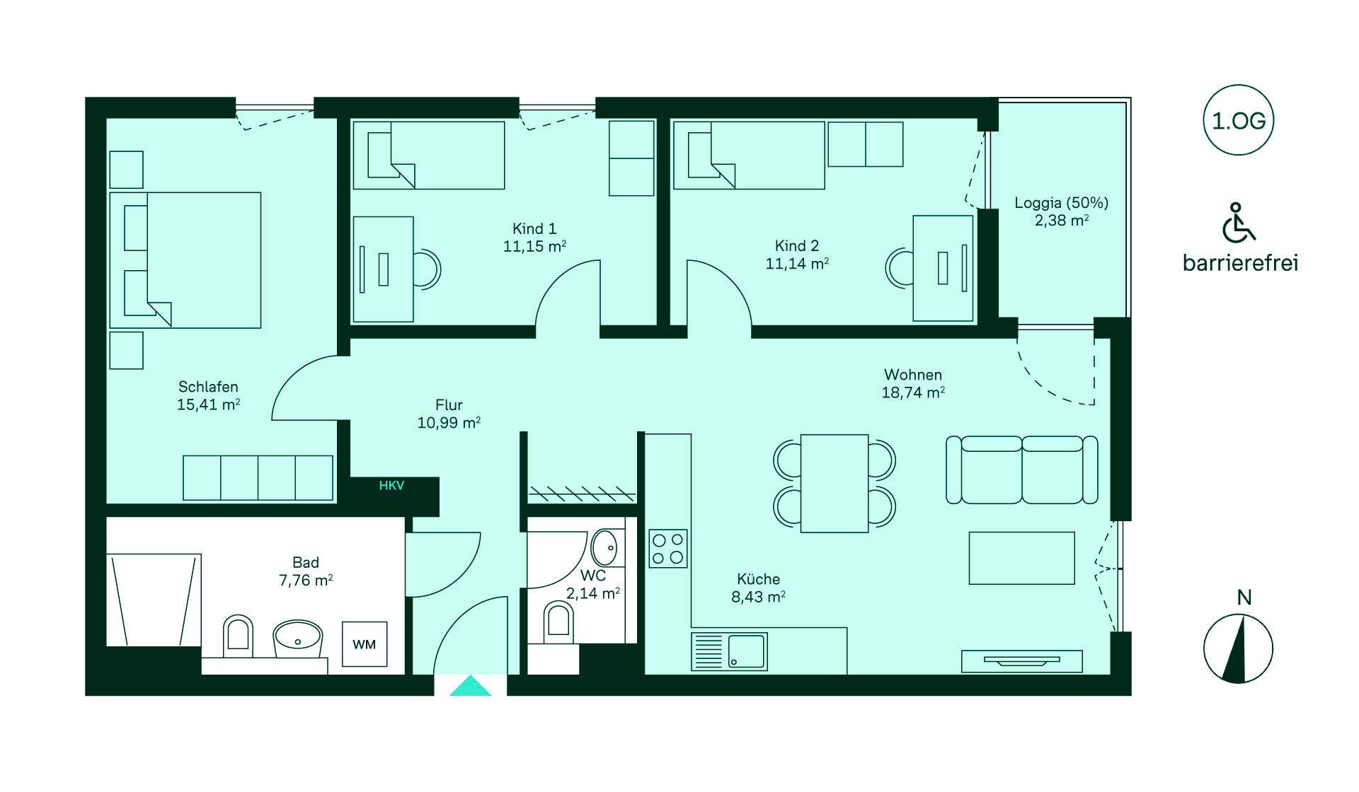 Grundriss der Eigentumswohnung WE167. Entdecken Sie diese barrierefreie Wohnung! Einladender Flur, moderne Küche, helles Wohnzimmer, drei gemütliche Schlafzimmer, geräumiges Bad, separates WC und eine charmante Loggia. Ideal für Familien!