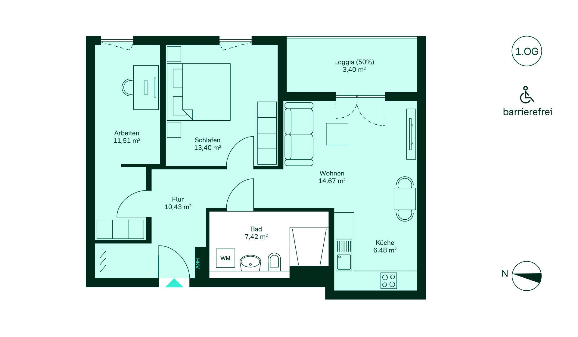 Grundriss der Eigentumswohnung WE168. Grundriss einer barrierefreien Wohnung: Flur, Küche, Wohnzimmer, zwei Schlafzimmer, Bad, Loggia.