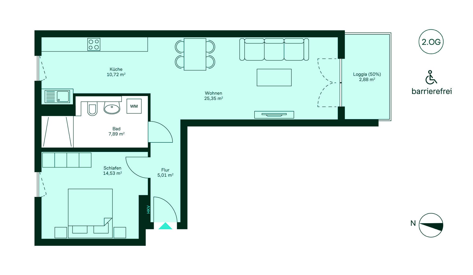 Entdecken Sie eine barrierefreie Wohnung im 2. OG mit Flur, Küche, Wohnbereich, Schlafzimmer, Bad und Loggia. Ideal für komfortables Wohnen!