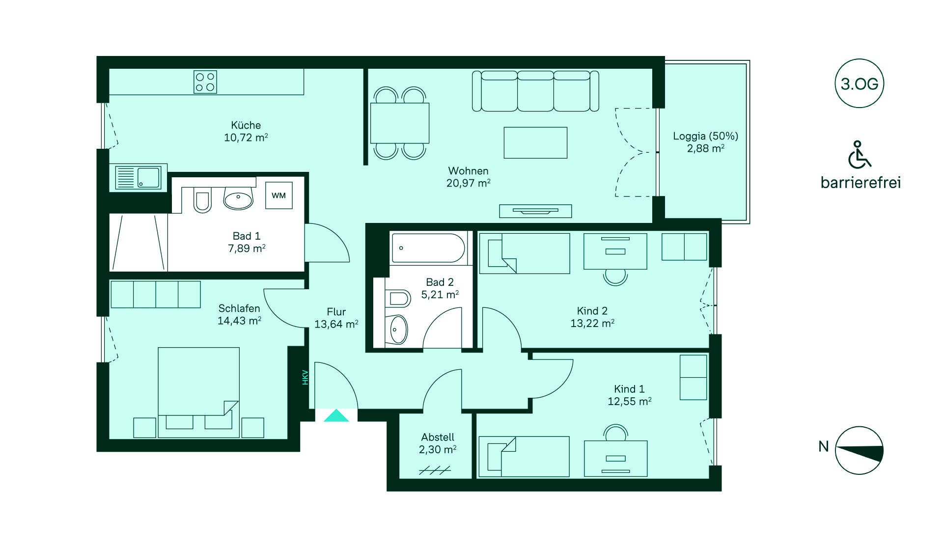 Grundriss der Eigentumswohnung WE180. Entdecken Sie Ihr neues Zuhause: Geräumiger Flur, moderne Küche, gemütliches Wohnzimmer, drei Schlafzimmer, zwei Bäder, und eine charmante Loggia. Ideal für Familien!