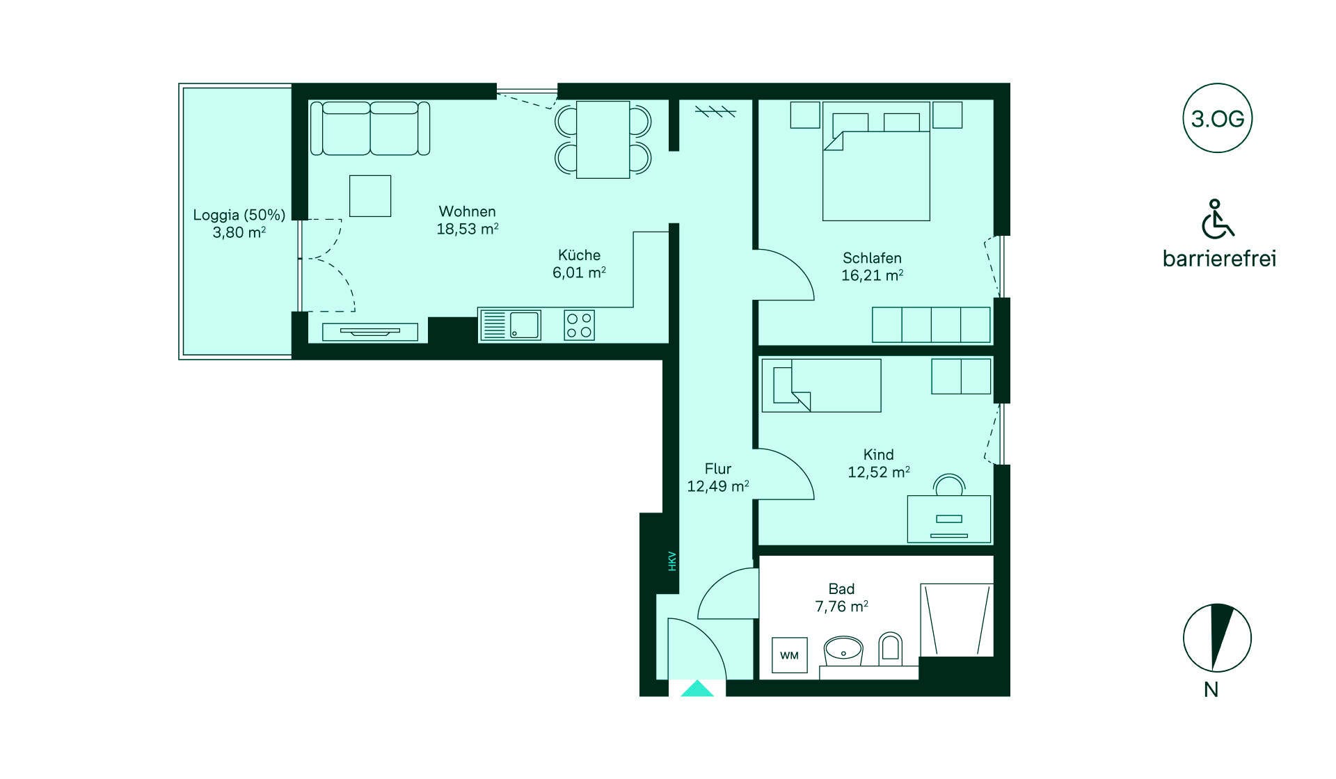 Grundriss der Eigentumswohnung WE185. Barrierefreie Wohnung mit Flur, offener Küche, Wohnzimmer, zwei Schlafzimmern, Bad und Loggia.