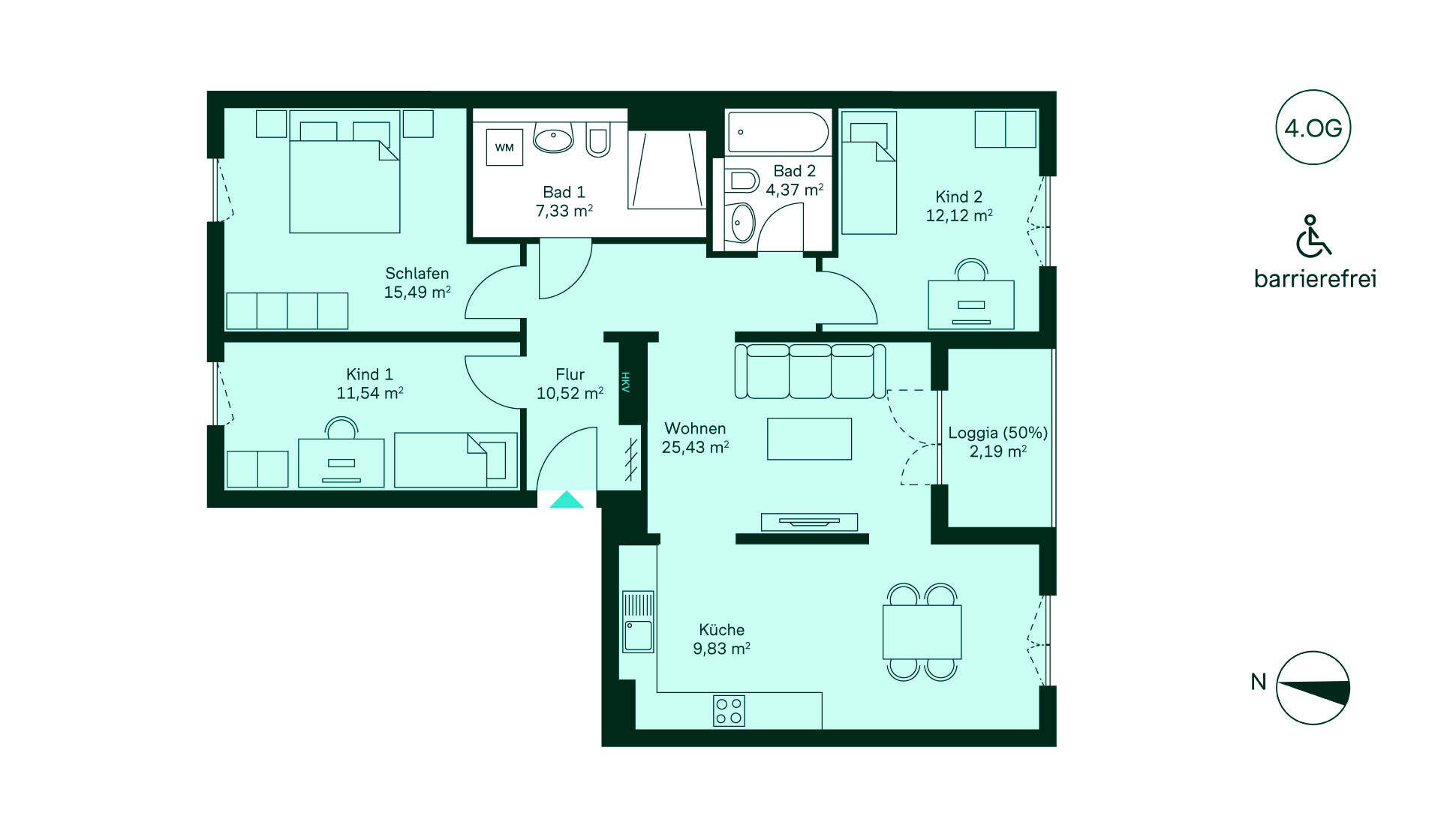 Entdecken Sie eine barrierefreie Wohnung im 4. OG mit Flur, moderner Küche, geräumigem Wohnzimmer, drei Schlafzimmern, zwei Bädern und einer gemütlichen Loggia. Perfekt für Familien!