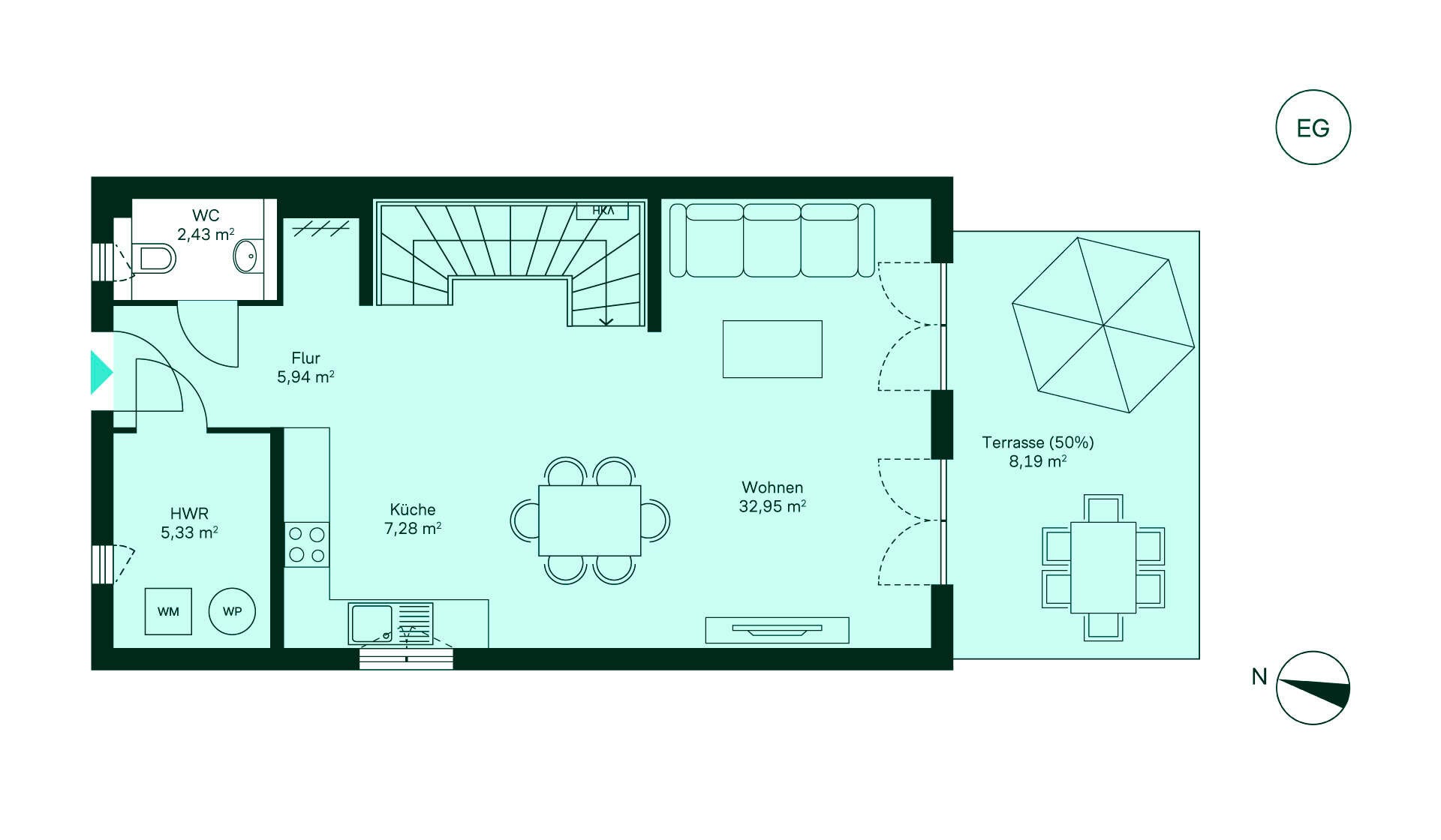 Grundriss vom Erdgeschoss Grundriss des Erdgeschosses: Flur, Küche, Wohnzimmer, WC, HWR und Terrasse. Ideal für modernes Wohnen!