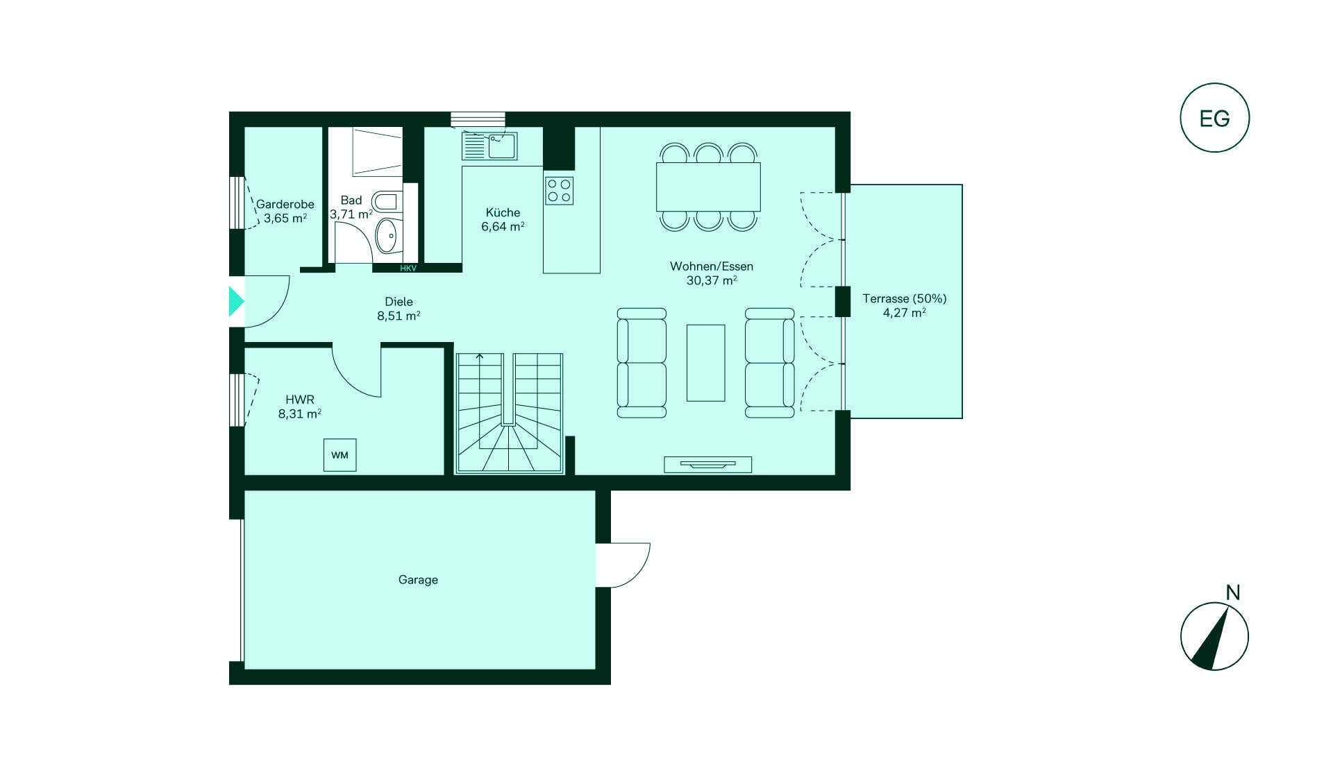 Grundriss des Erdgeschosses: Flur, Küche, Wohn-/Esszimmer, Bad, Terrasse, Hauswirtschaftsraum, Garage.