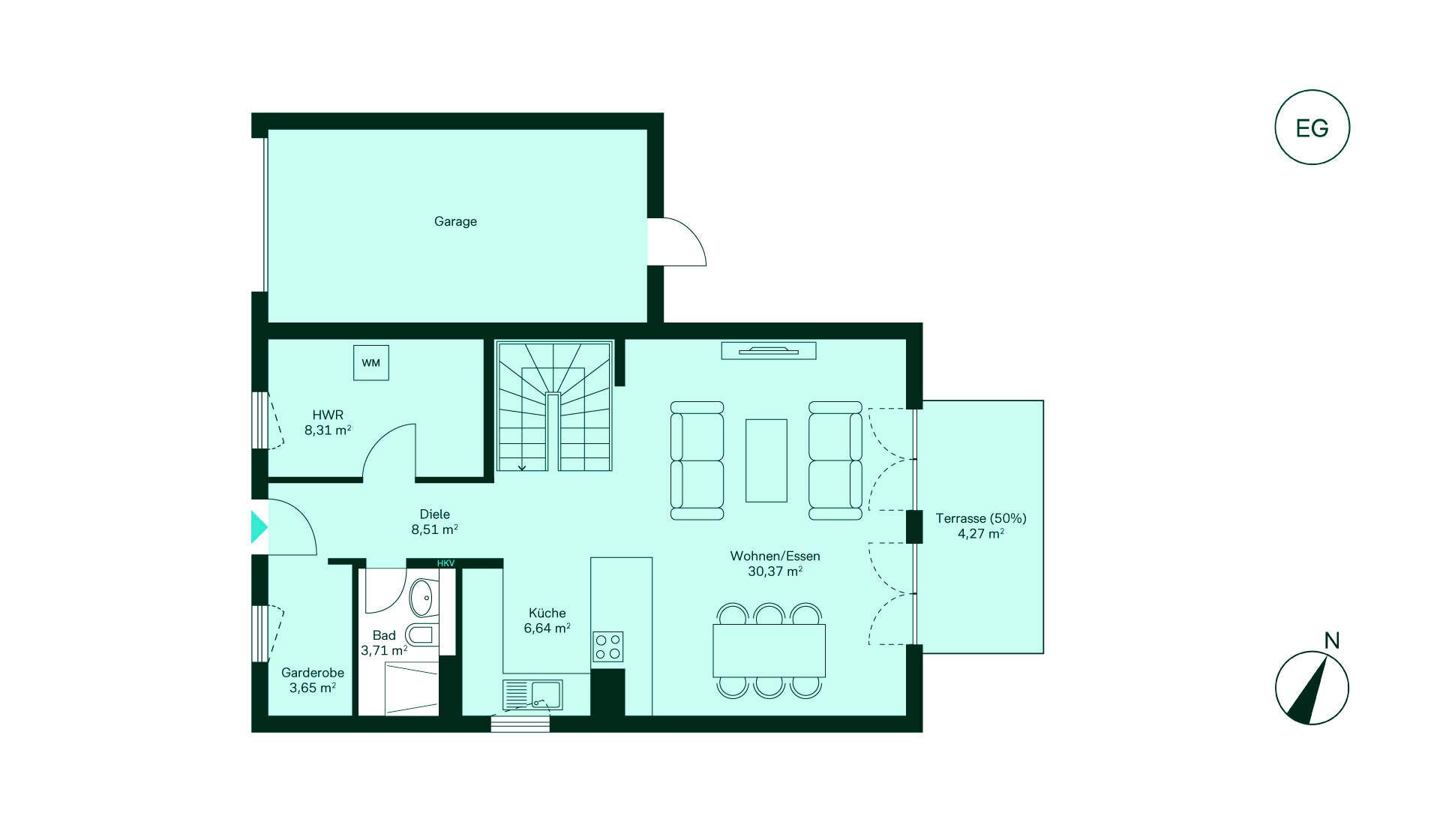 Grundriss vom Erdgeschoss im Einfamilienhaus WE004 Grundriss eines gemütlichen Erdgeschosses: Diele, Küche, Wohn-/Essbereich, Bad, Terrasse, Garage.