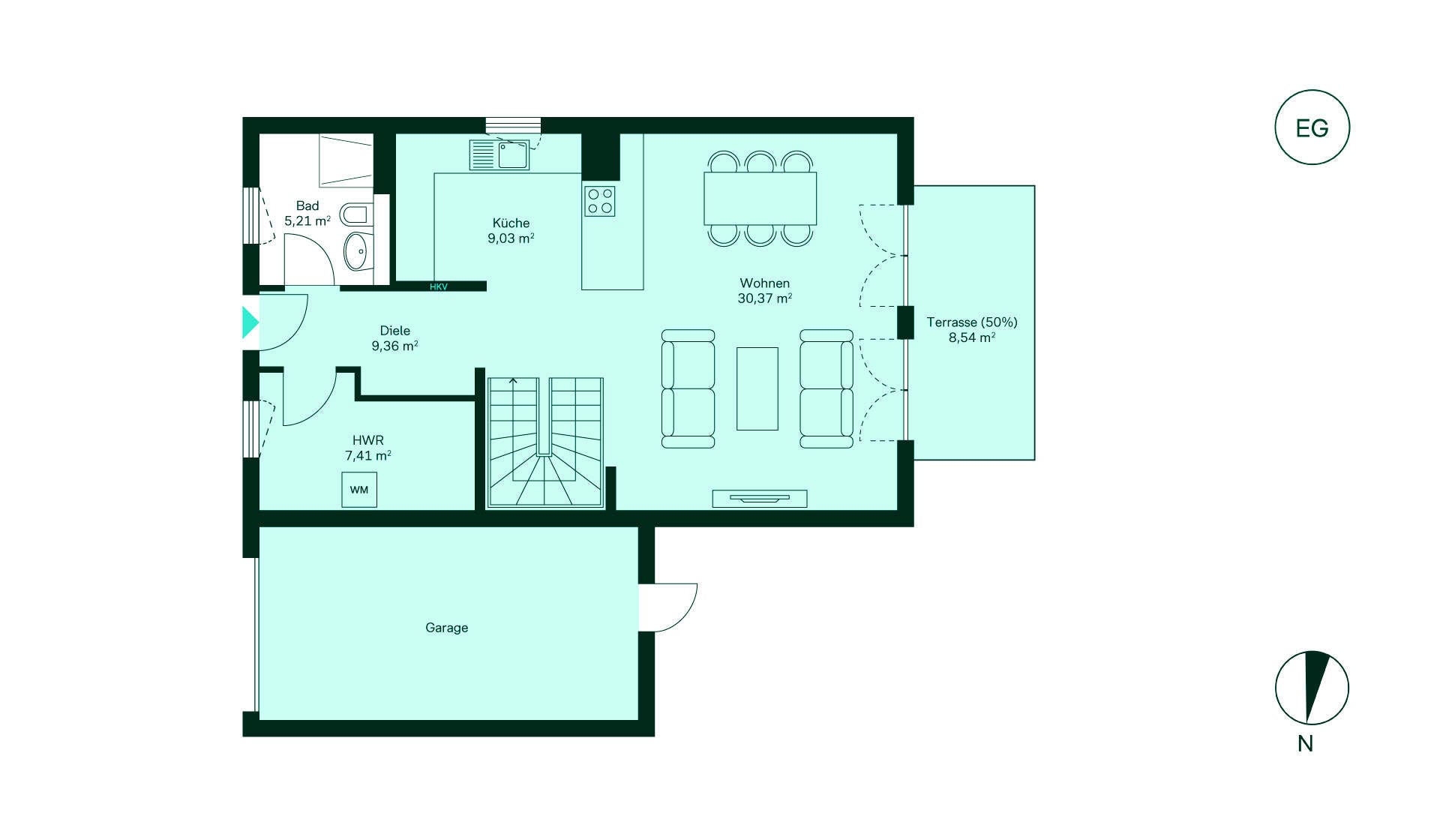 Offener Grundriss mit Diele, Küche, großem Wohnbereich, Bad, Terrasse und Garage für Ihr Traumhaus!