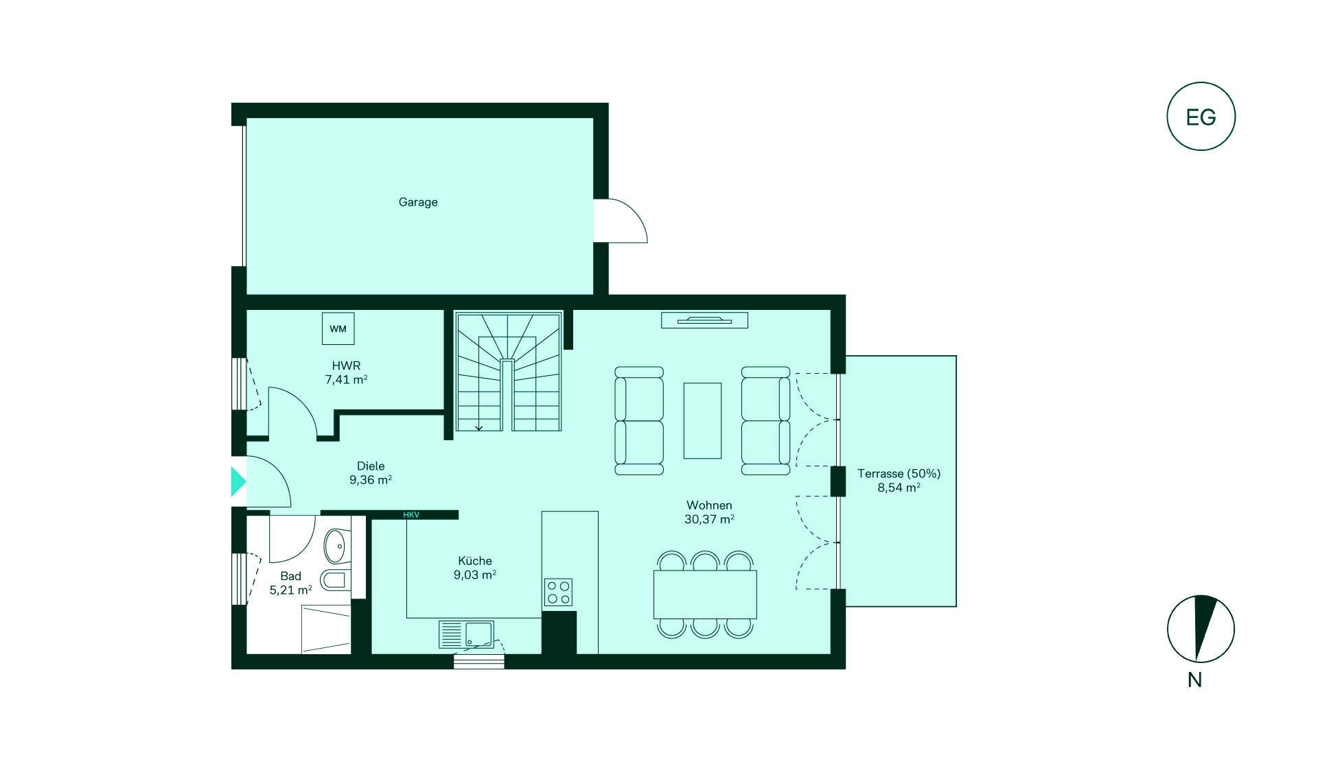 Grundriss vom Erdgeschoss im Einfamilienhaus WE006 Grundriss des Erdgeschosses: Diele, Küche, Wohnzimmer, Bad, Hauswirtschaftsraum, Terrasse, Garage.