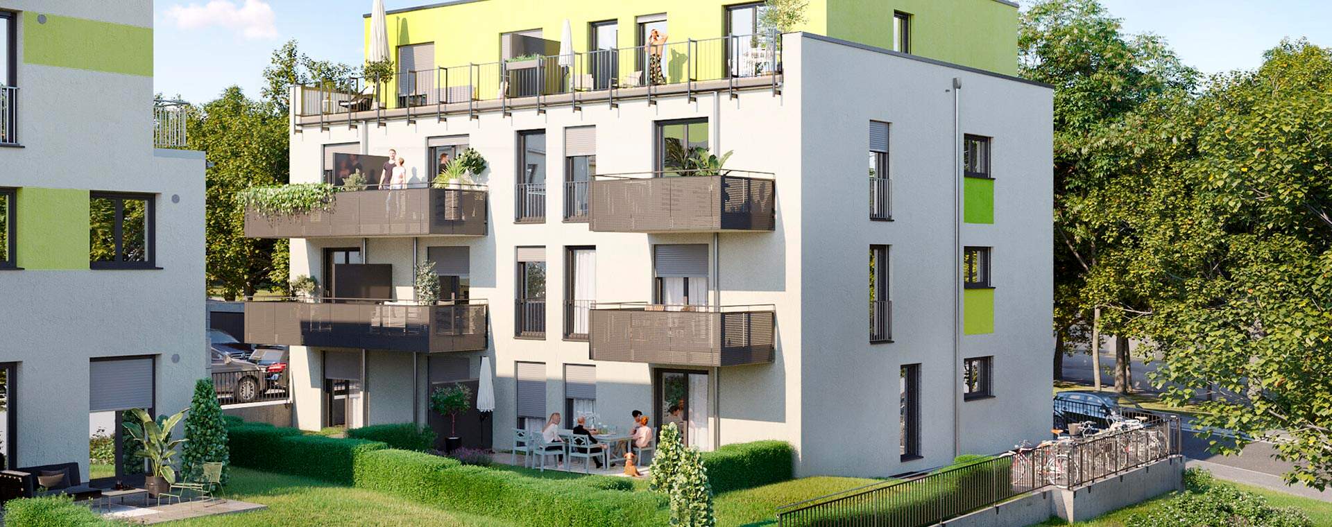 Moderner freundlicher Neubau mit Balkonen und Terrassen