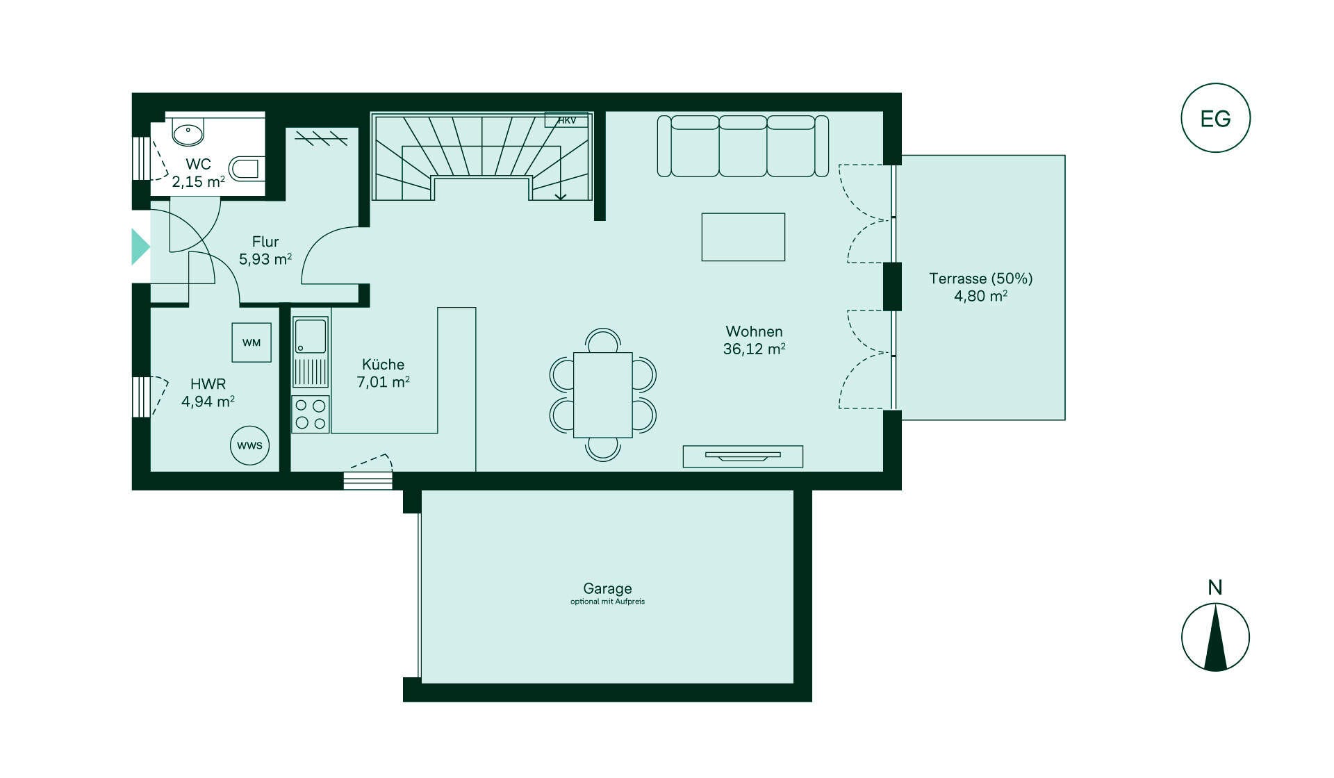 Grundriss des Erdgeschosses: Flur, Küche, großzügiges Wohnzimmer, WC, Terrasse und Garage. Perfekt für Ihr Zuhause!