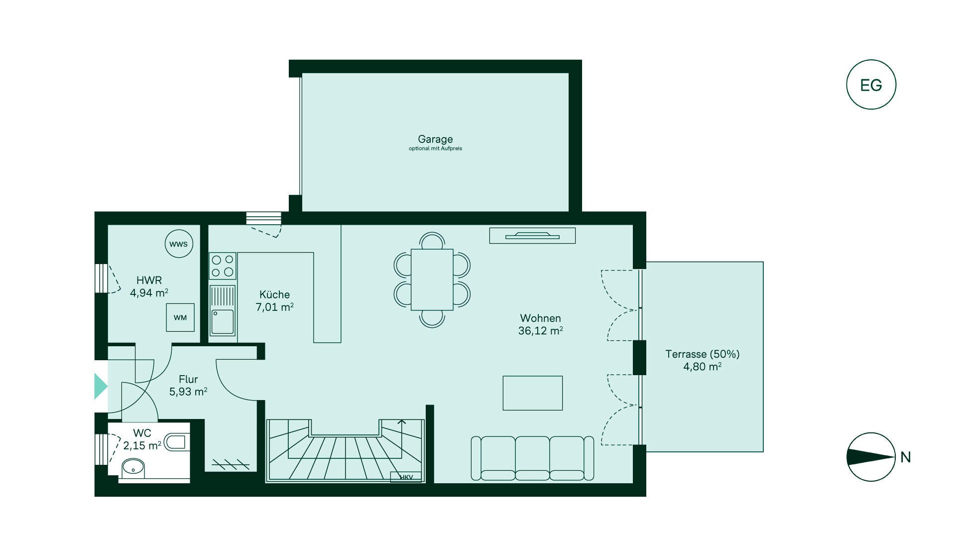Grundriss des Erdgeschosses: Flur, Küche, großzügiges Wohnzimmer, WC, Hauswirtschaftsraum, Terrasse.