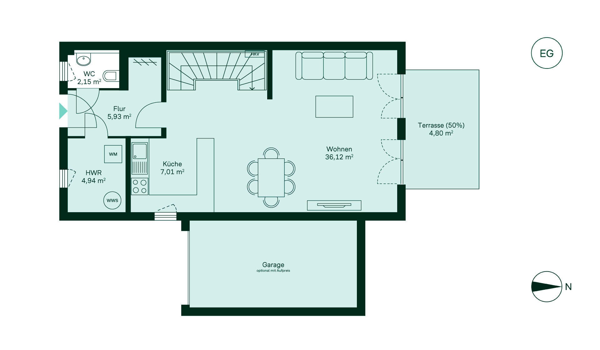 Grundriss des Erdgeschosses: Flur, Küche, Wohnbereich, WC, Terrasse und Garage. Ideal für Familien!