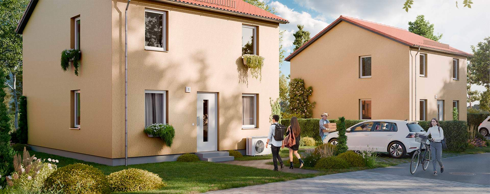 Zwei moderne Häuser mit gepflegten Gärten. Menschen genießen die Umgebung. Einladend und lebenswert!