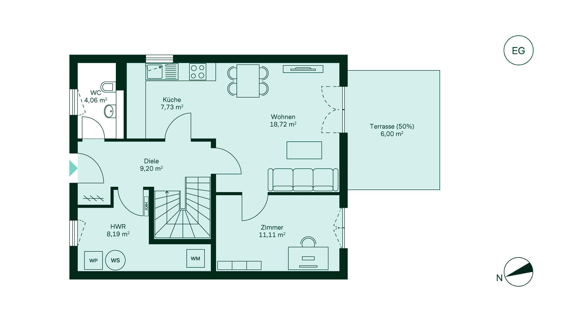 Grundriss: Einladender Eingangsbereich führt zur Küche, Wohnzimmer mit Terrasse, Zimmer, WC und HWR.