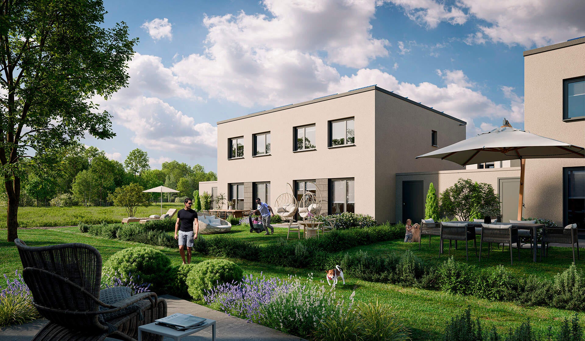 Moderne Doppelhaushälfte mit großem Garten, Terrasse und gemütlichen Sitzgelegenheiten. Ideal für Familien.