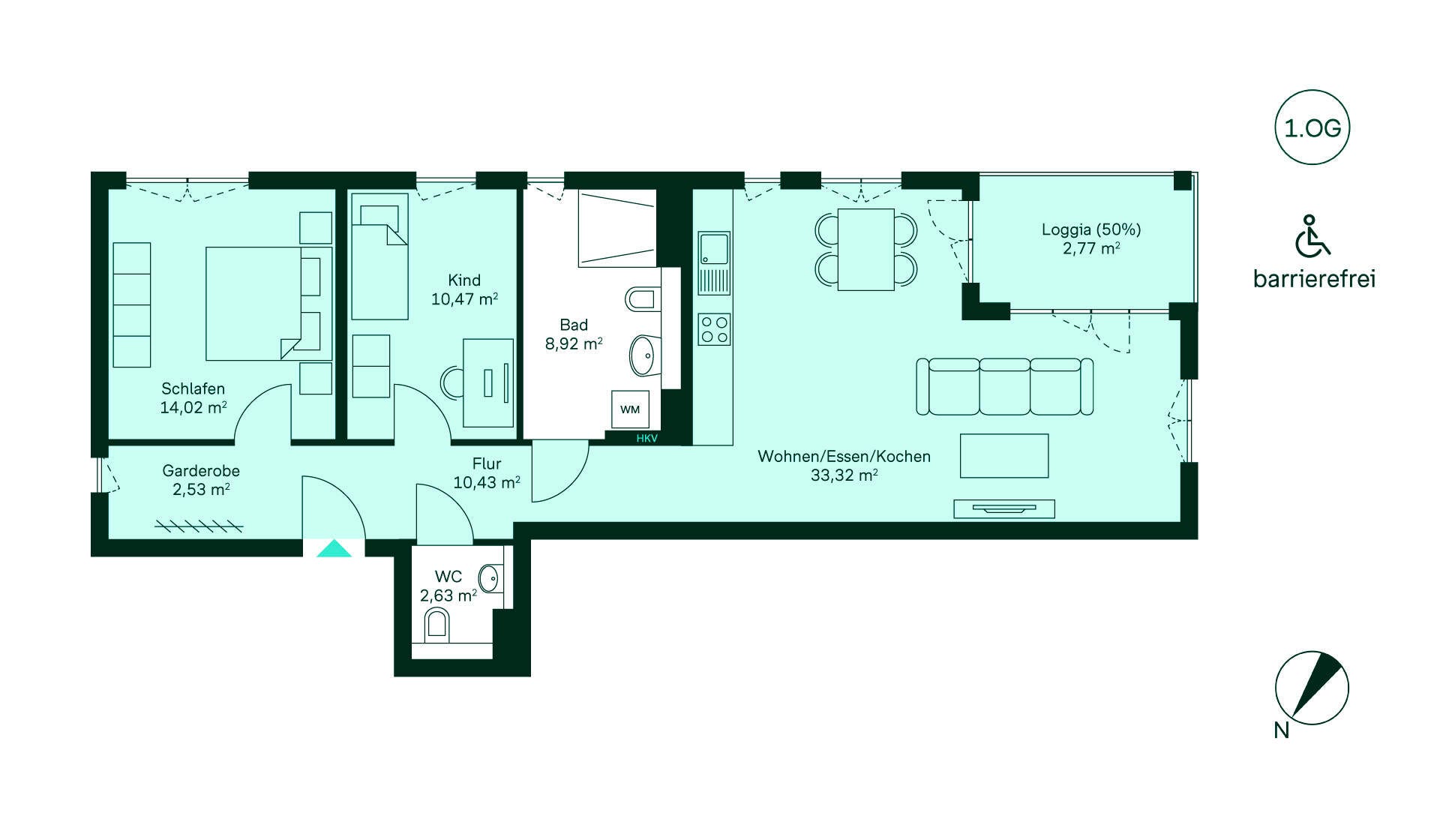 Barrierefreie Wohnung: Flur führt zu Küche und Wohnbereich, Schlafzimmer, Kinderzimmer, Bad und WC. Loggia inklusive. Ideal für Familien!