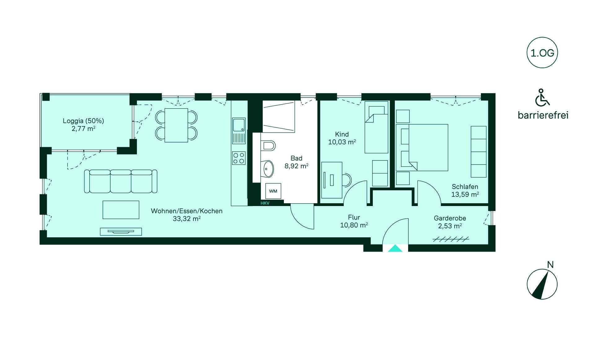Grundriss der Eigentumswohnung 081 im Haus 4 Barrierefreie Wohnung mit geräumigem Flur, offenem Wohnbereich, zwei Schlafzimmern, Bad und Loggia.