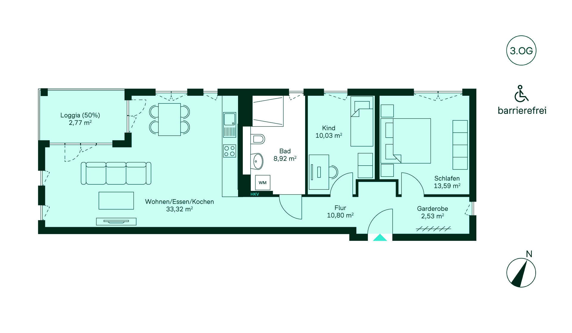 Grundriss der Eigentumswohnung 087 im Haus 4 Entdecken Sie diese barrierefreie Wohnung im 3. OG: Flur, offene Küche, Wohnzimmer, 2 Schlafzimmer, Bad, Loggia. Perfekt für Familien!
