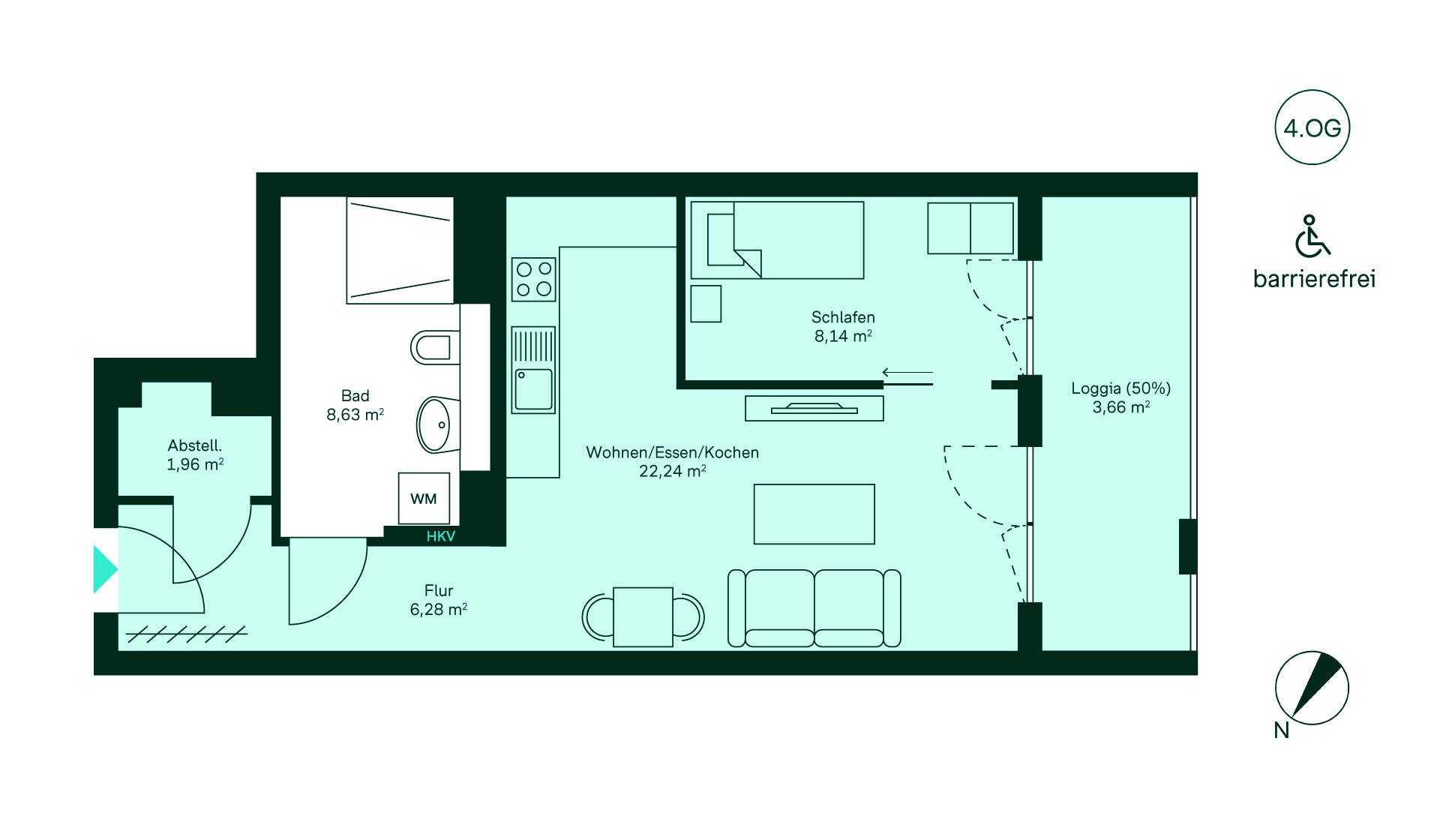 Grundriss der Eigentumswohnung 089 im 4. OG Entdecken Sie eine barrierefreie Wohnung im 4. OG: Flur, Wohnküche, Schlafzimmer, Bad, Loggia.
