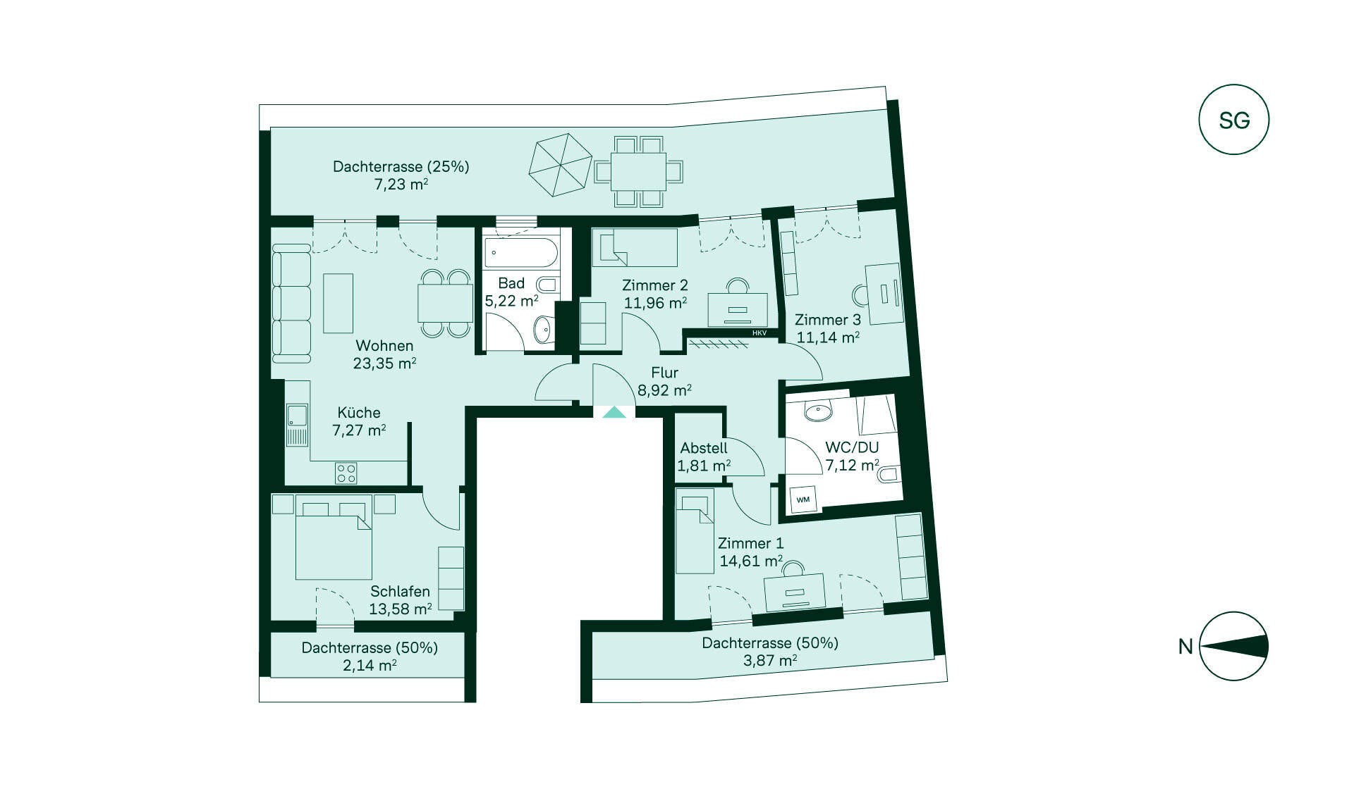Entdecken Sie dieses gemütliche Zuhause: Flur, Küche, Wohnzimmer, 3 Zimmer, 2 Bäder, Dachterrassen.