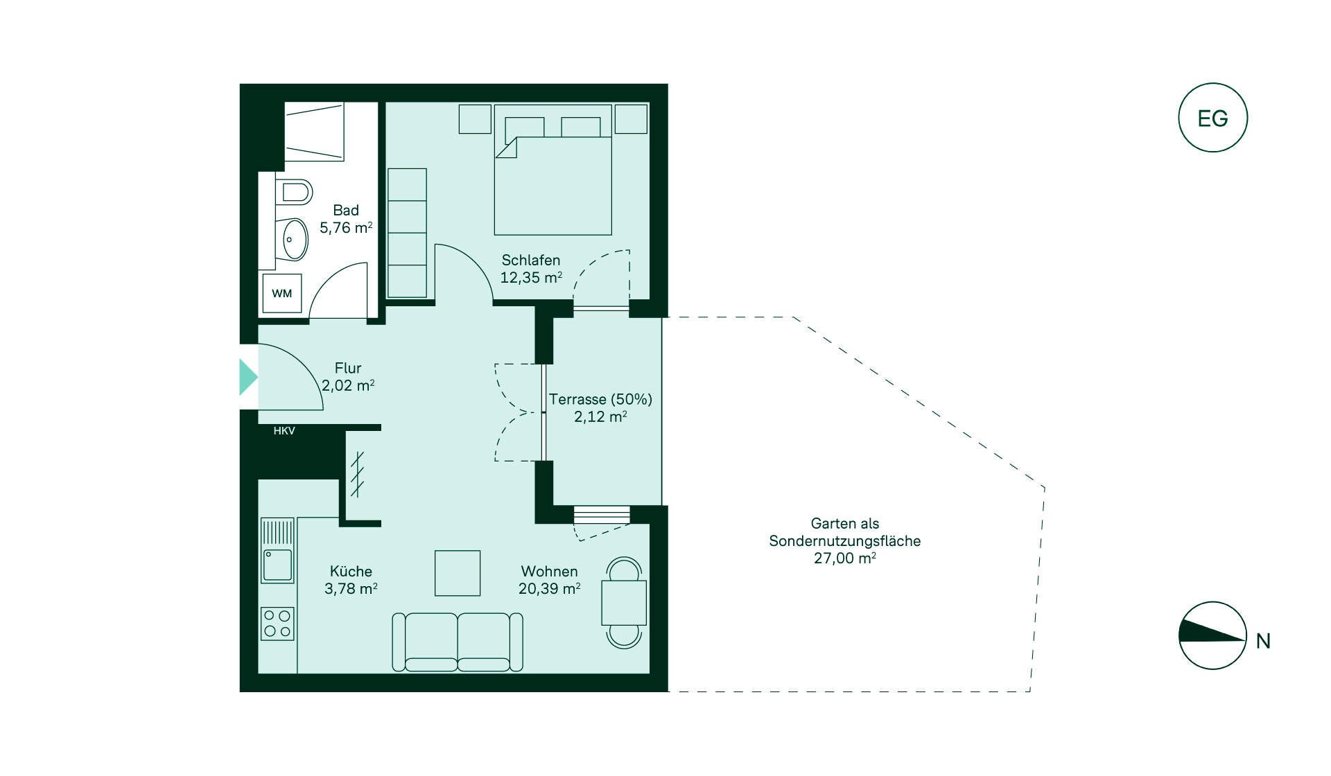 Gemütliche Wohnung mit Flur, Küche, Wohnzimmer, Schlafzimmer, Bad, Terrasse und Gartenfläche.