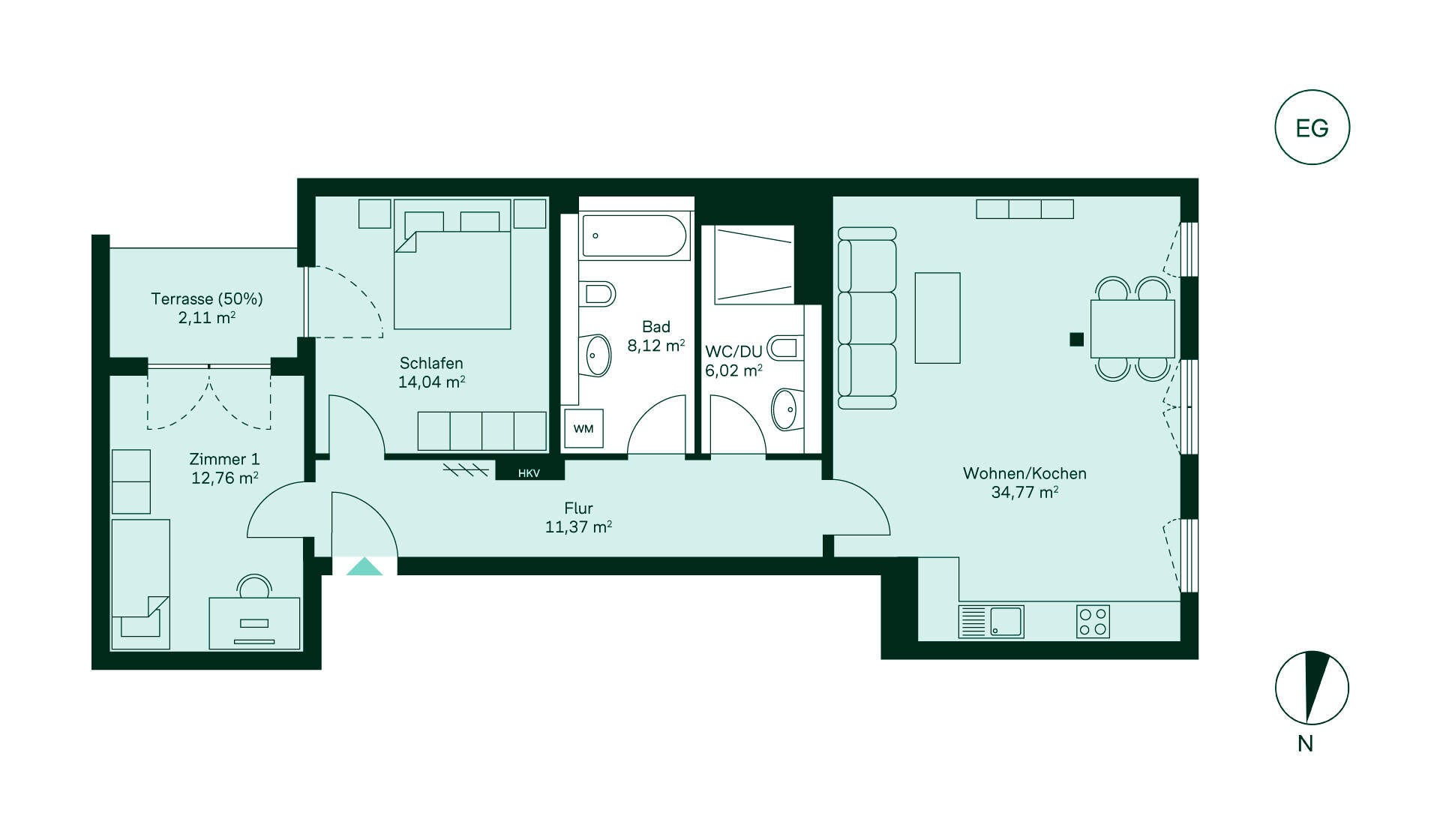 Entdecken Sie den Grundriss: Eingangsbereich führt zur offenen Wohnküche. Zwei Schlafzimmer, zwei Bäder, Terrasse. Ideal für modernes Wohnen!