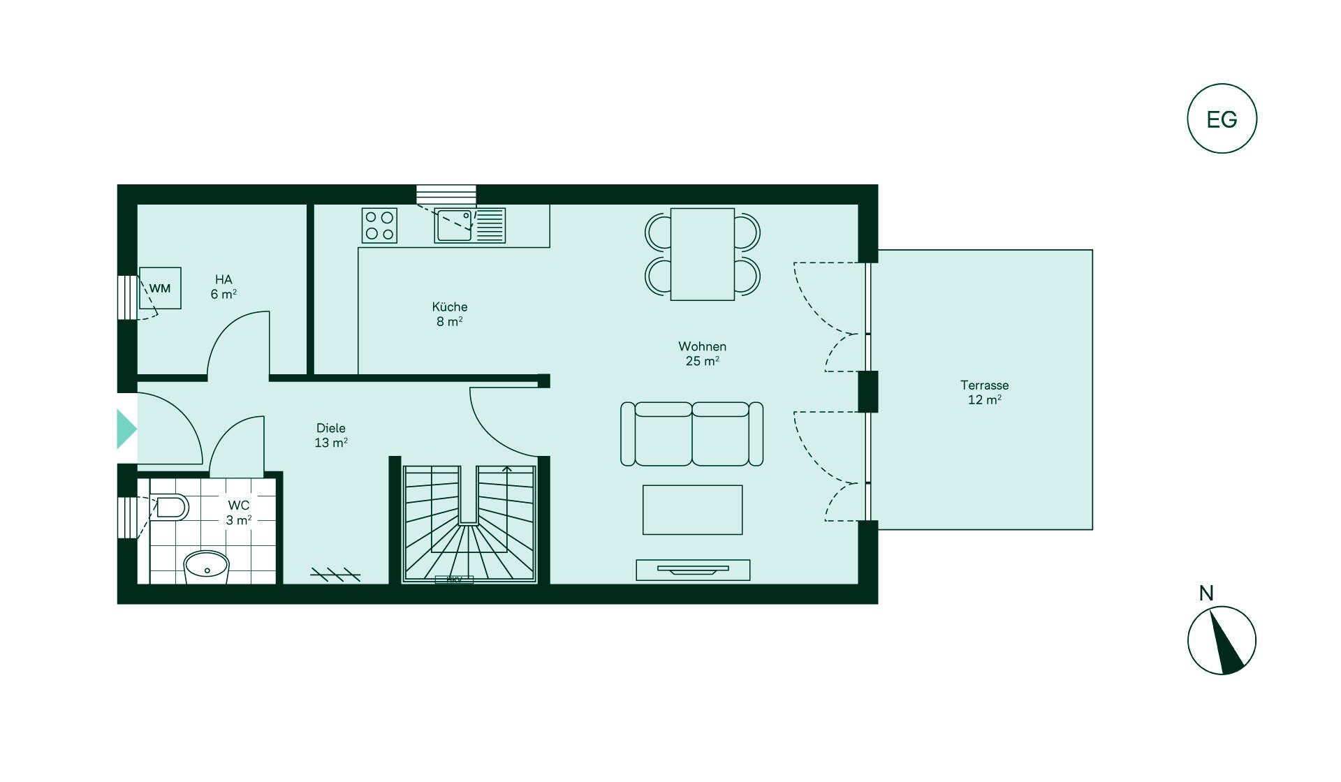 Grundriss des Erdgeschosses im Doppelhaus 272 im Neubauprojekt Wohnen im Ritterschlag