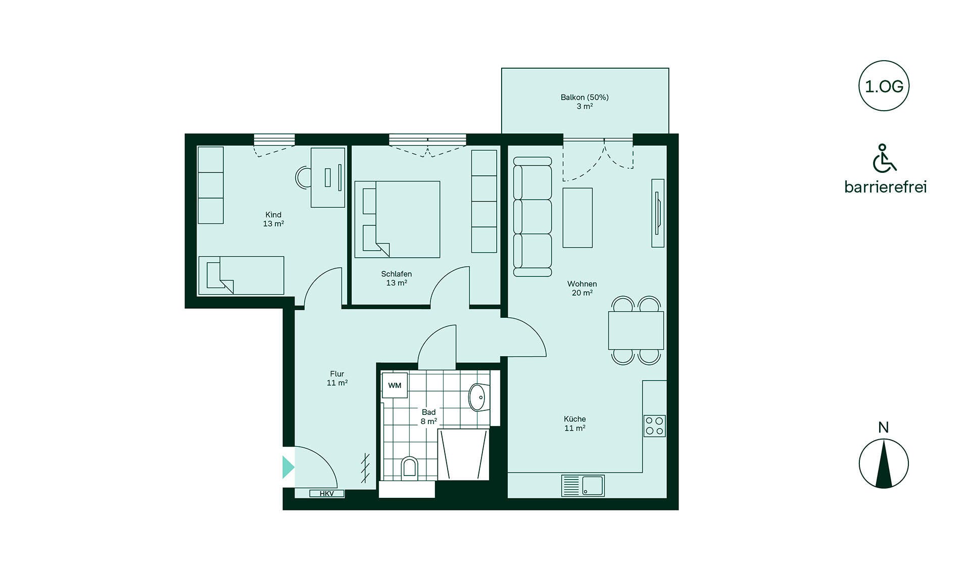 Entdecken Sie Ihr neues Zuhause: Flur, Küche, Wohnzimmer, zwei Schlafzimmer, Bad und Balkon. Barrierefrei!