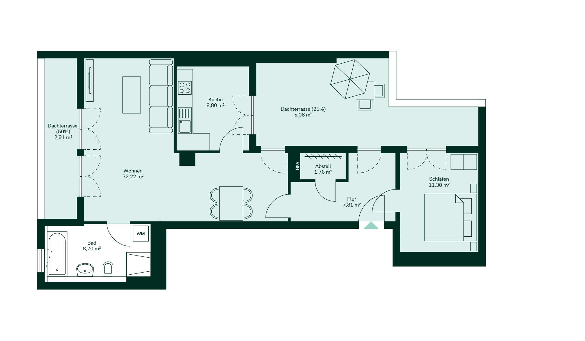 Entdecken Sie Ihr neues Zuhause: Einladender Flur, moderne Küche, geräumiges Wohnzimmer, gemütliches Schlafzimmer, stilvolles Bad, und zwei Dachterrassen für entspannte Stunden.