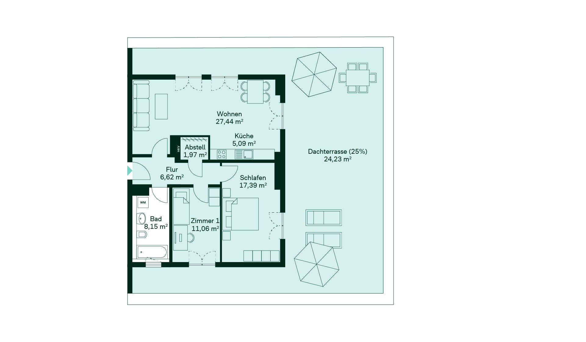 Einladender Grundriss: Flur, Küche, Wohnbereich, Schlafzimmer, Bad, Zimmer, Dachterrasse. Perfekt!