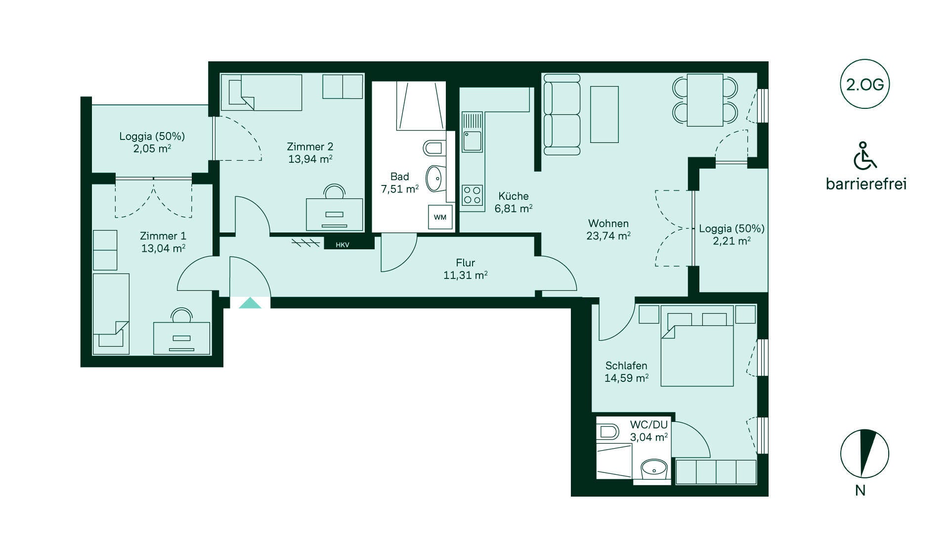 Entdecken Sie diese barrierefreie Wohnung: Flur, Küche, Wohnbereich, 3 Schlafzimmer, 2 Bäder, Loggia.