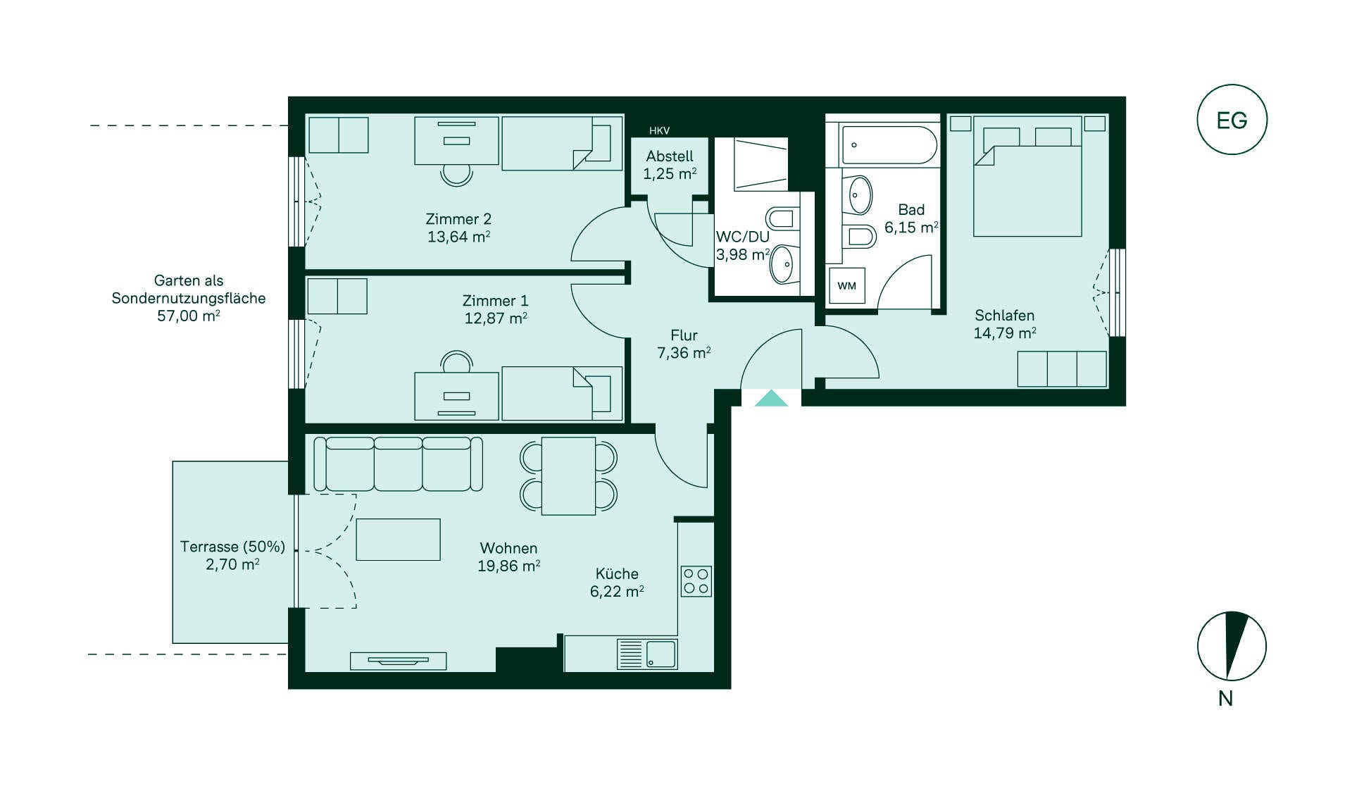 Entdecken Sie diese gemütliche Wohnung: Flur, Küche, Wohnzimmer, 3 Zimmer, Bad, WC, Terrasse, Garten.