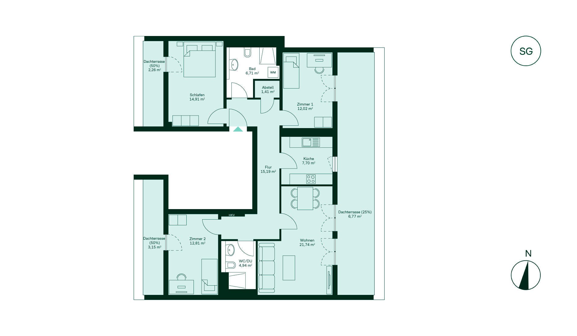 Genießen Sie ein modernes Zuhause mit geräumigem Flur, Küche und Wohnzimmer. Zwei gemütliche Schlafzimmer, zwei Badezimmer und sonnige Dachterrassen bieten Komfort und Entspannung.