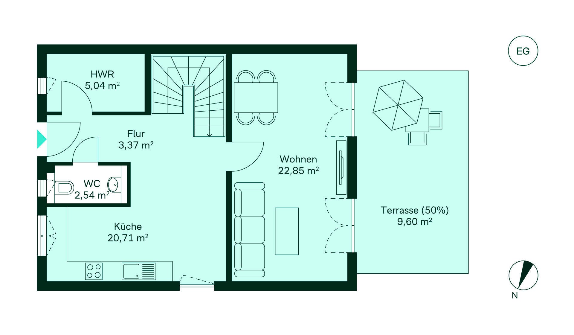 Grundriss des Erdgeschosses: Flur, Küche, Wohnzimmer, WC, Hauswirtschaftsraum und Terrasse. Ideal für Familien!