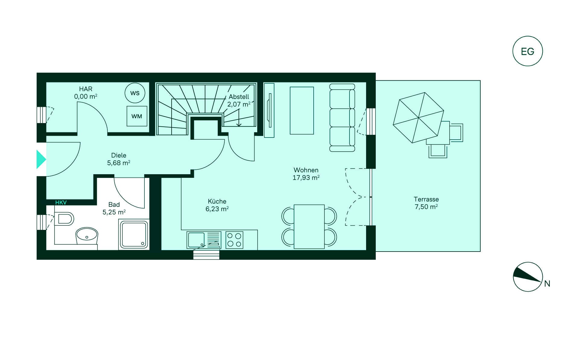 Grundriss einer gemütlichen Wohnung: Flur, Küche, Wohnzimmer, Bad und Terrasse. Ideal für Ihr Zuhause!
