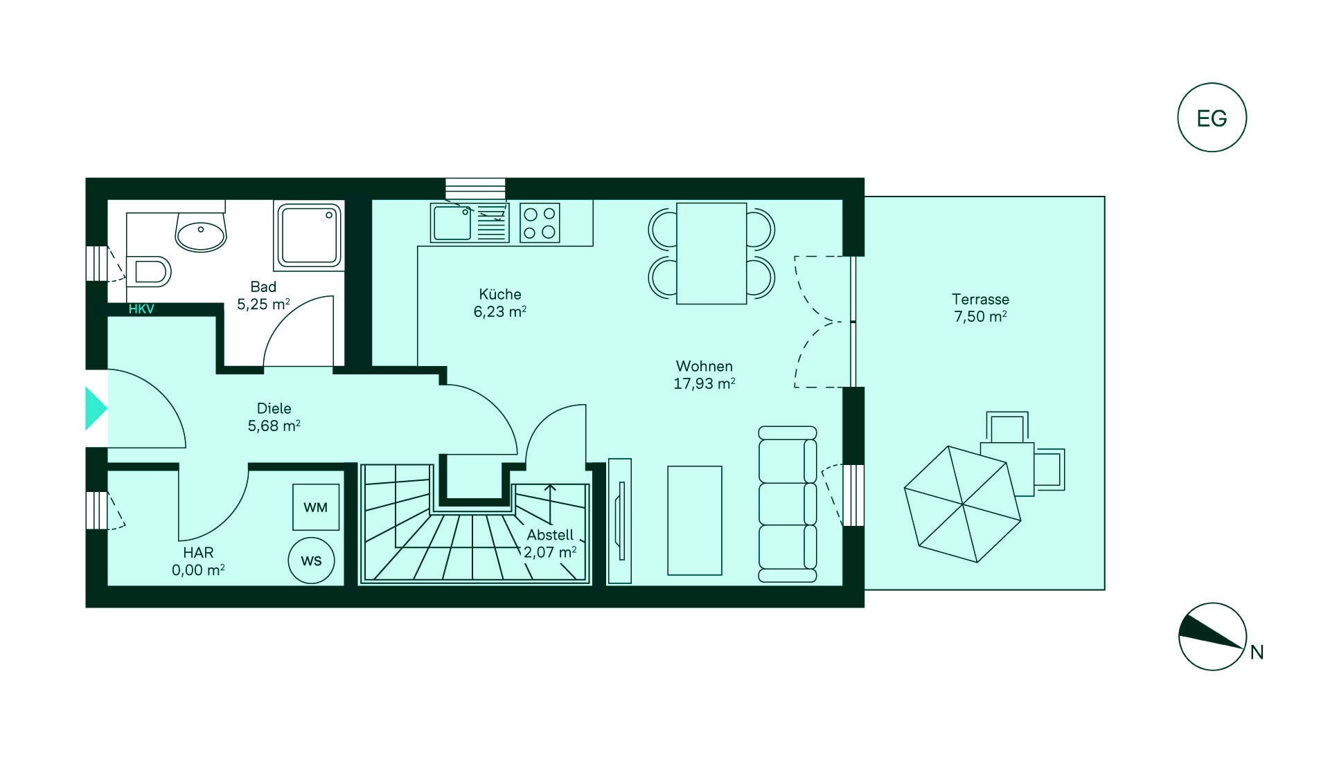 Entdecken Sie das charmante Erdgeschoss: Flur, Küche, Wohnzimmer, Bad und Terrasse. Ihr neues Zuhause!