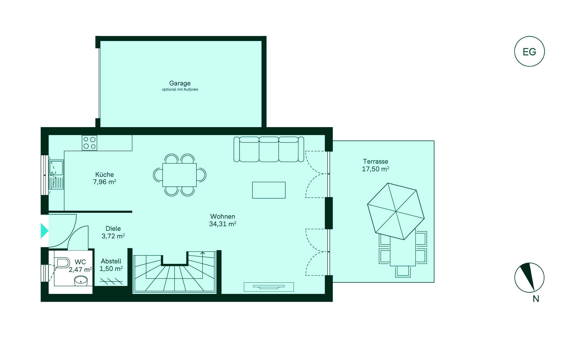 Grundriss des Erdgeschosses: Küche, Wohnbereich, WC und Diele. Terrasse und optionale Garage.