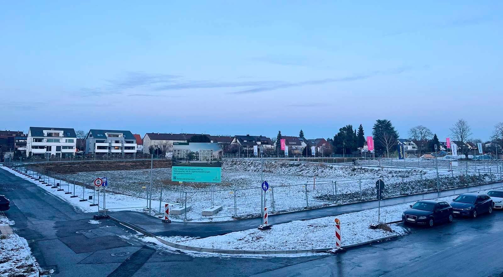 Das winterliche Grundstück von Amberblick - dem zukünftigen Wohnprojekt von Bonava